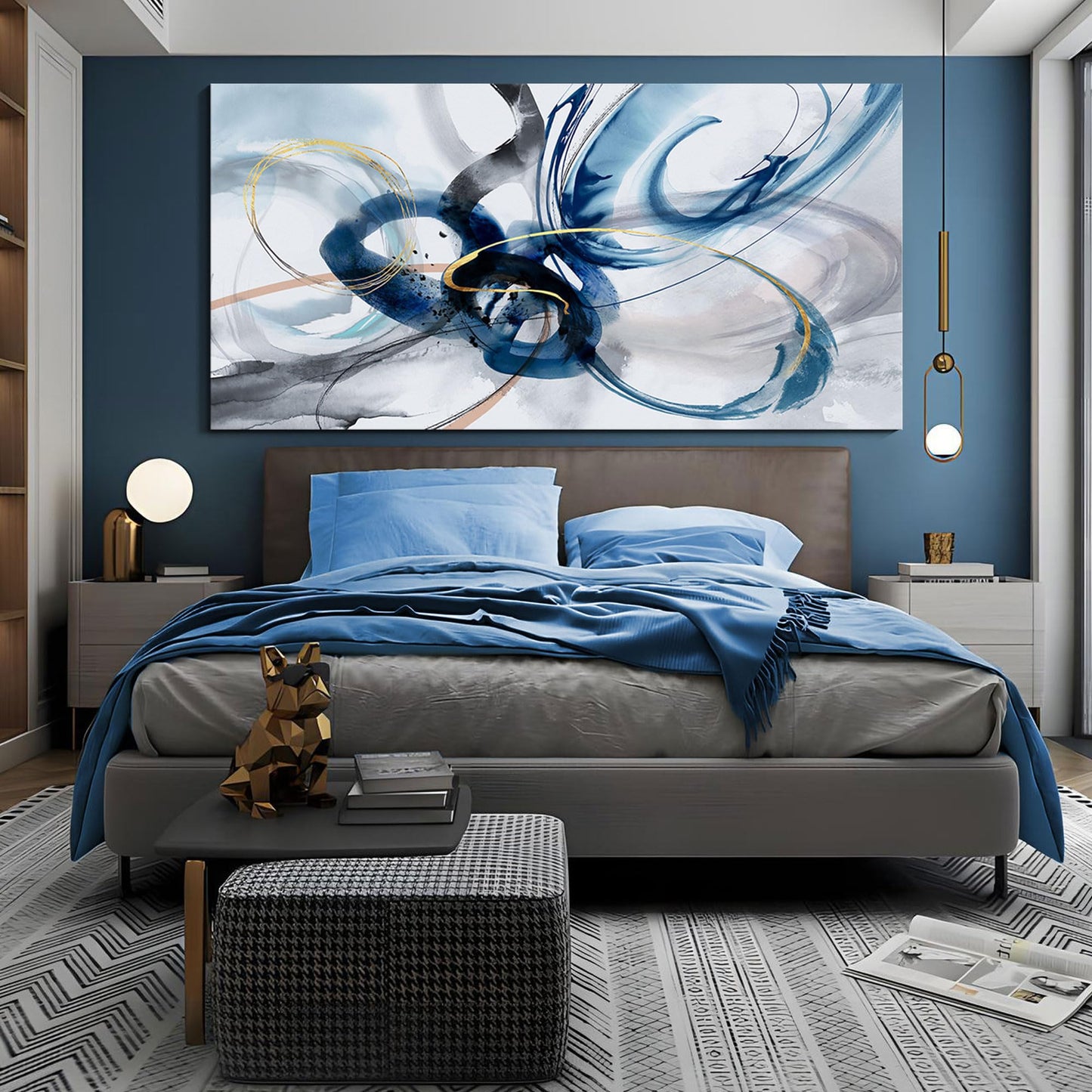 yiijeah Wall Art for Living Room - Framed Picture Artwork for Walls - Blue Wall Art 24x48 Inches Contemporary Abstract Wall Art Prints Canvas Painting Large Size Wall Art for Bedroom Office