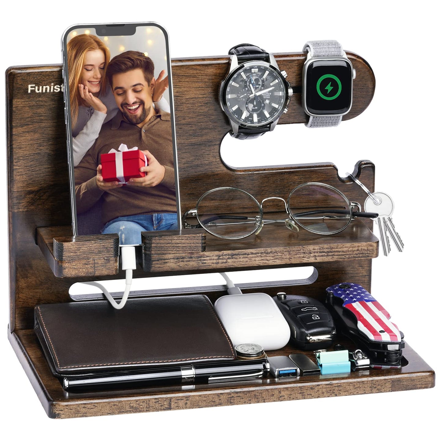Gifts for Men Dad from Daughter Son Christmas, Wood Phone Docking Station with Drawer, Husband Birthday Gifts Him Boyfriend from Wife Anniversary Nightstand Organizer Xmas Stocking Stuffers