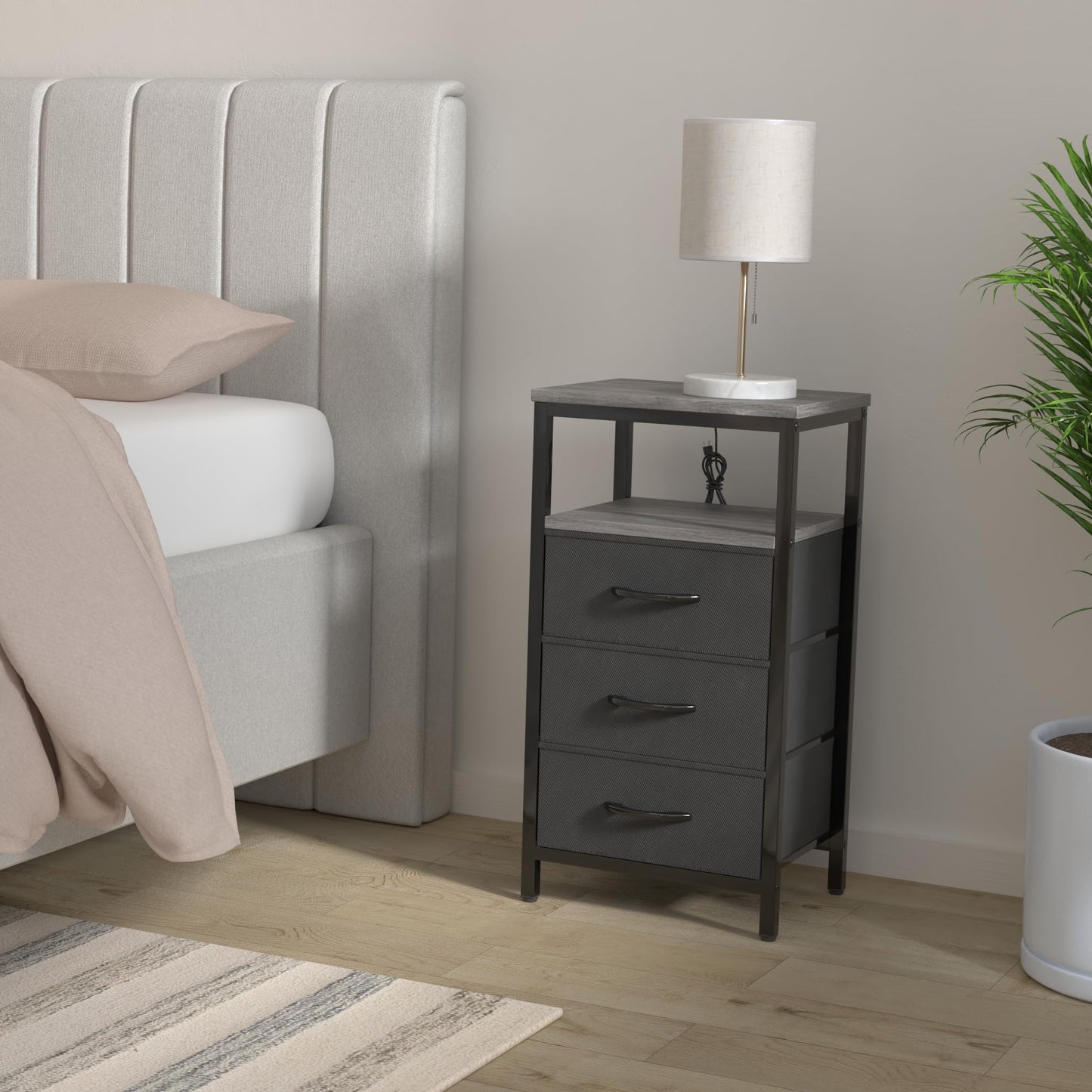 Huuger Nightstand with Charging Station, Side Table with Fabric Drawers, End Table with Open Shelf, Bedside Table with USB Ports and Outlets, Night Stand for Bedroom, Rustic Brown and Black