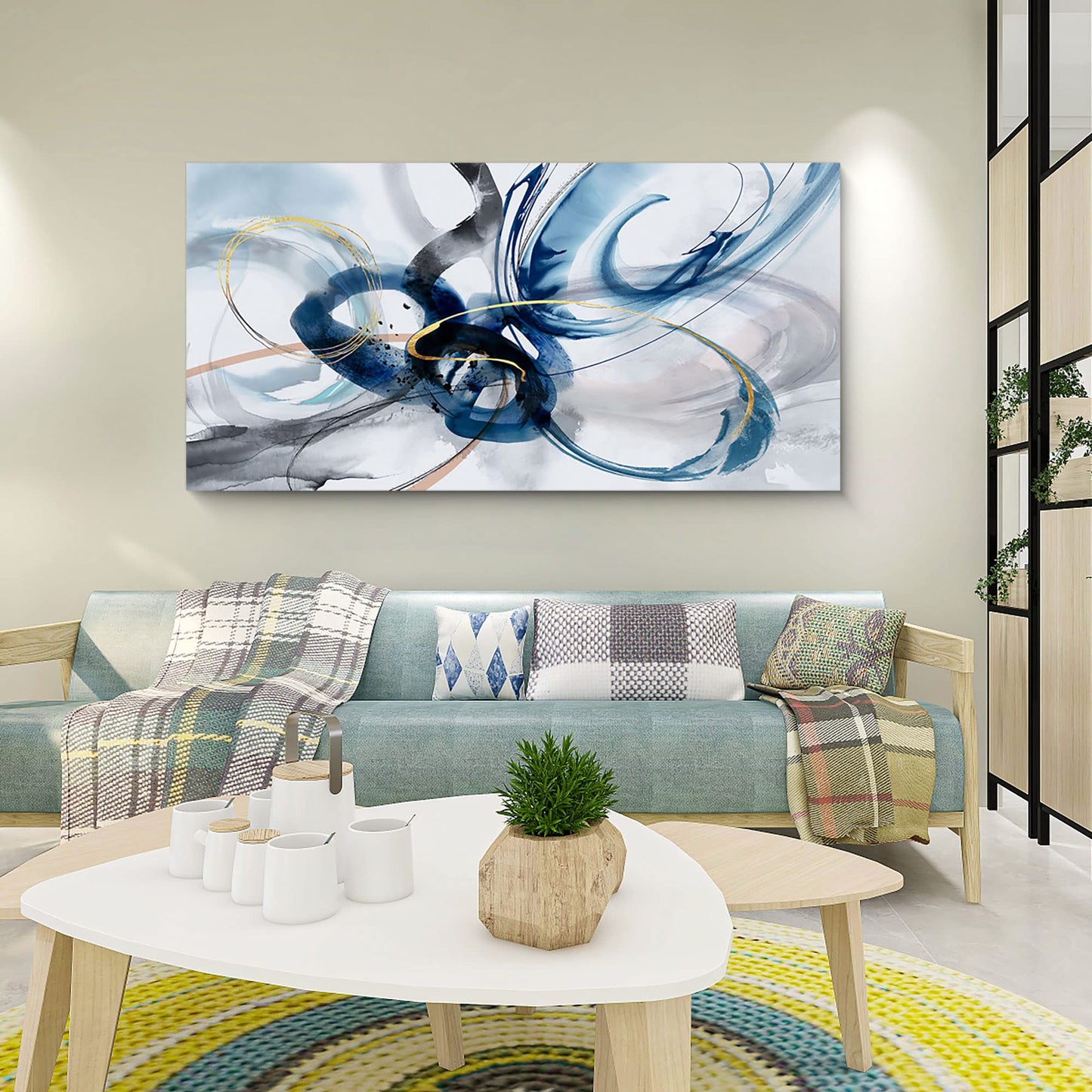 yiijeah Wall Art for Living Room - Framed Picture Artwork for Walls - Blue Wall Art 24x48 Inches Contemporary Abstract Wall Art Prints Canvas Painting Large Size Wall Art for Bedroom Office