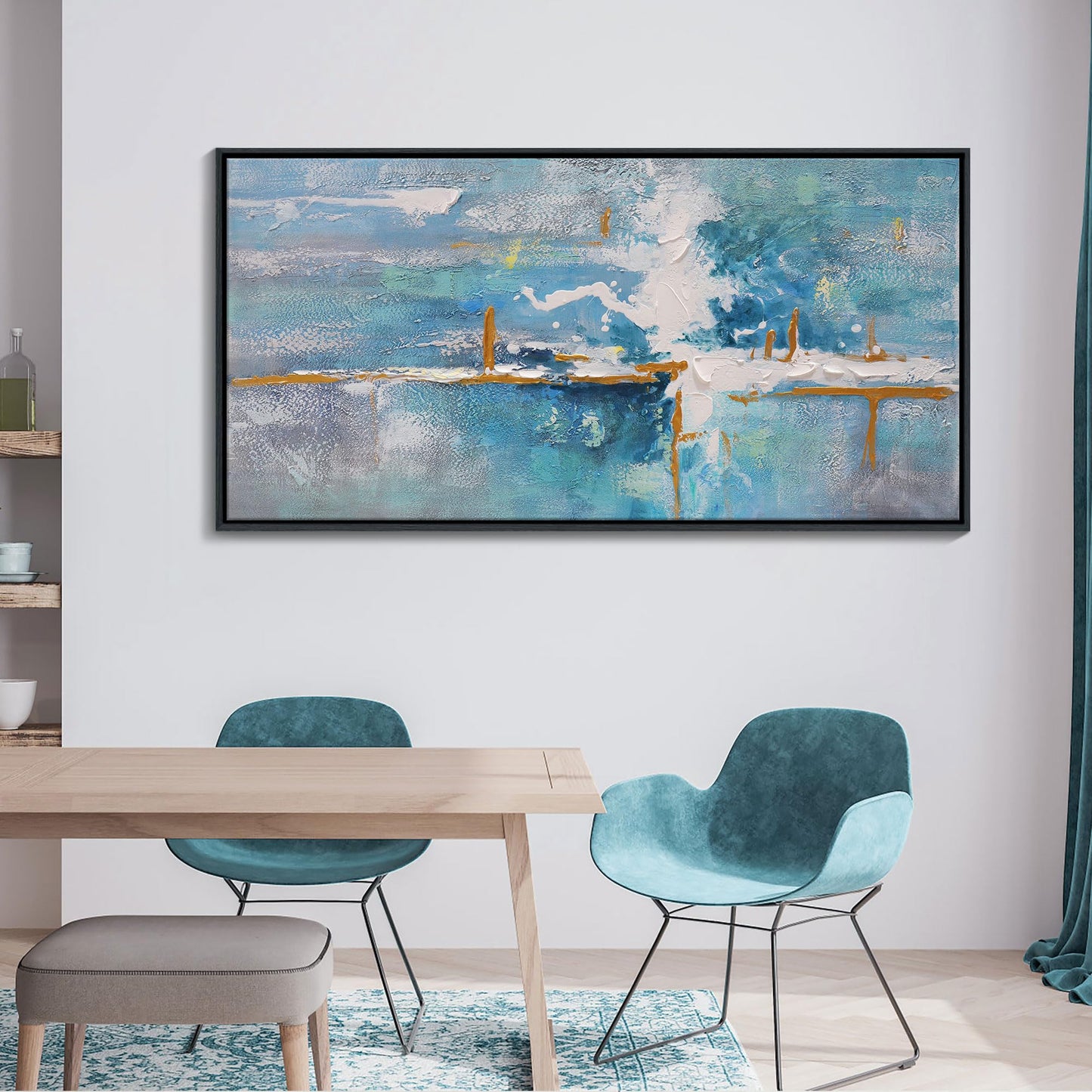 yiijeah Wall Art for Living Room - Framed Picture Artwork for Walls - Blue Wall Art 24x48 Inches Contemporary Abstract Wall Art Prints Canvas Painting Large Size Wall Art for Bedroom Office