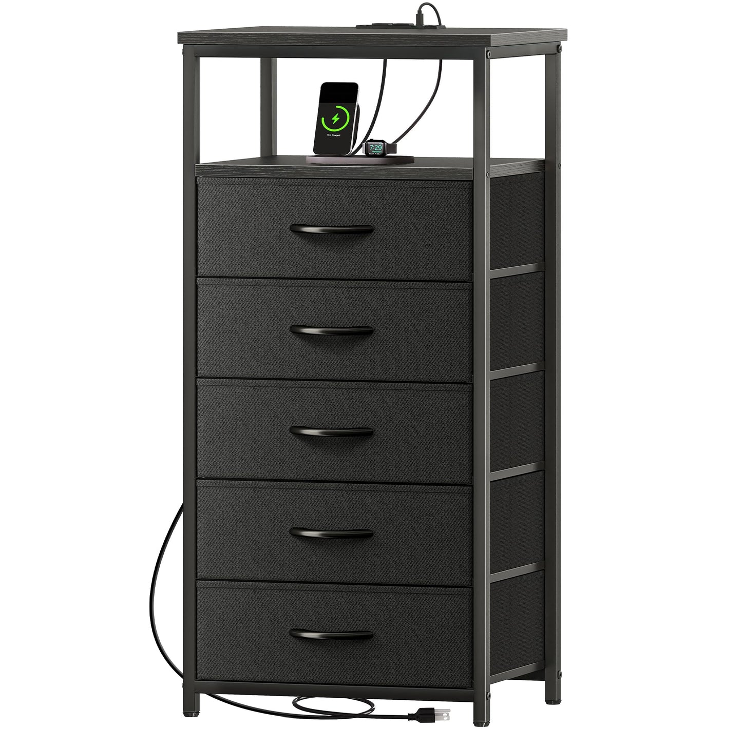 Huuger Nightstand with Charging Station, Side Table with Fabric Drawers, End Table with Open Shelf, Bedside Table with USB Ports and Outlets, Night Stand for Bedroom, Rustic Brown and Black