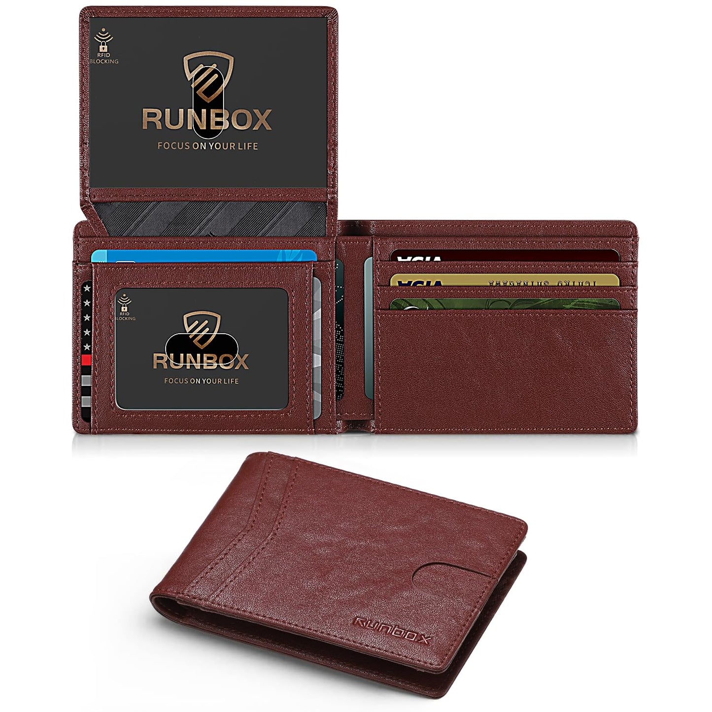 RUNBOX Wallet for Men Slim Rfid Leather 2 ID Window With Gift Box