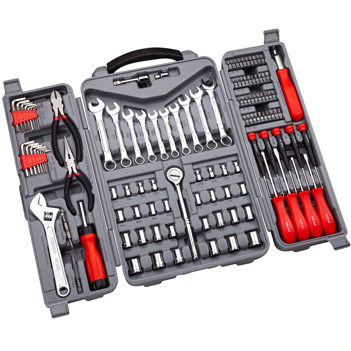 CARTMAN 205 Piece Ratchet Wrench Tool Set 1/4" & 3/8" & 1/2" Drive with SAE/Metric Sockets Kit in Plastic Toolbox