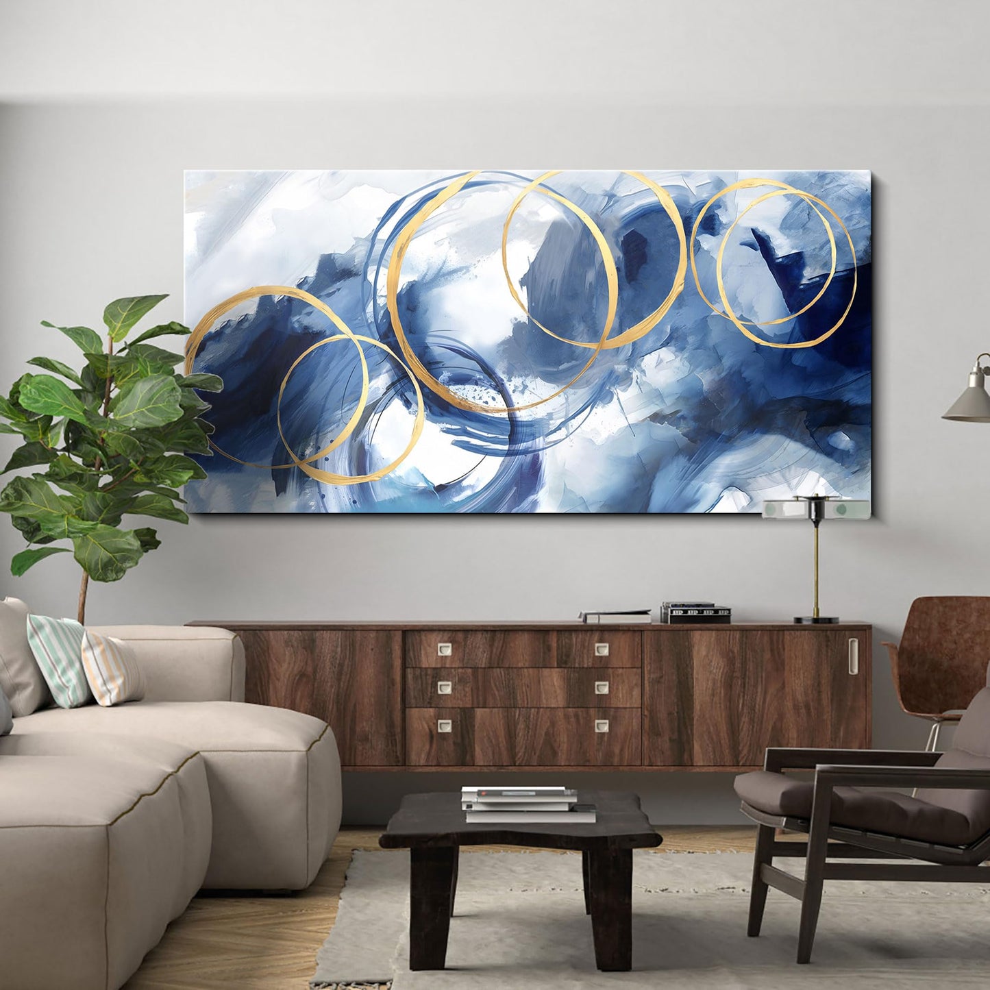 yiijeah Wall Art for Living Room - Framed Picture Artwork for Walls - Blue Wall Art 24x48 Inches Contemporary Abstract Wall Art Prints Canvas Painting Large Size Wall Art for Bedroom Office