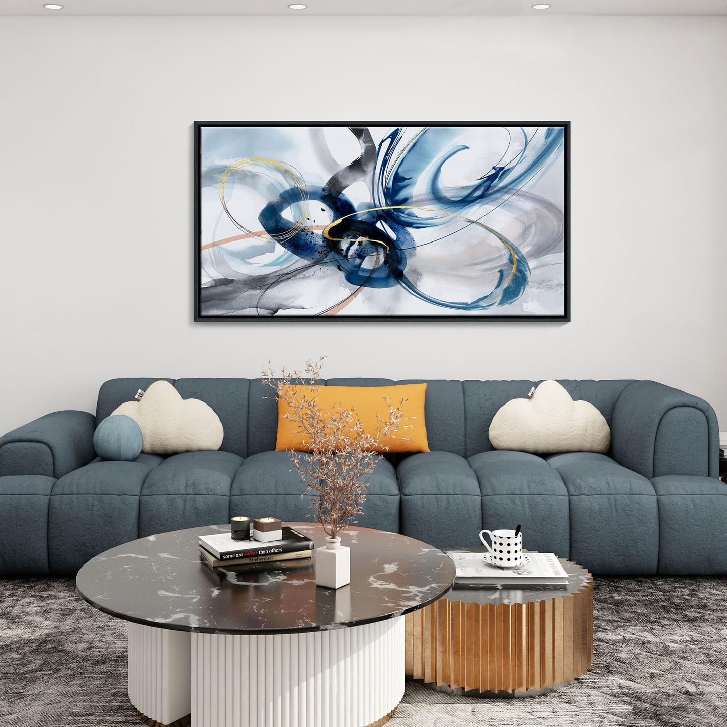 yiijeah Wall Art for Living Room - Framed Picture Artwork for Walls - Blue Wall Art 24x48 Inches Contemporary Abstract Wall Art Prints Canvas Painting Large Size Wall Art for Bedroom Office