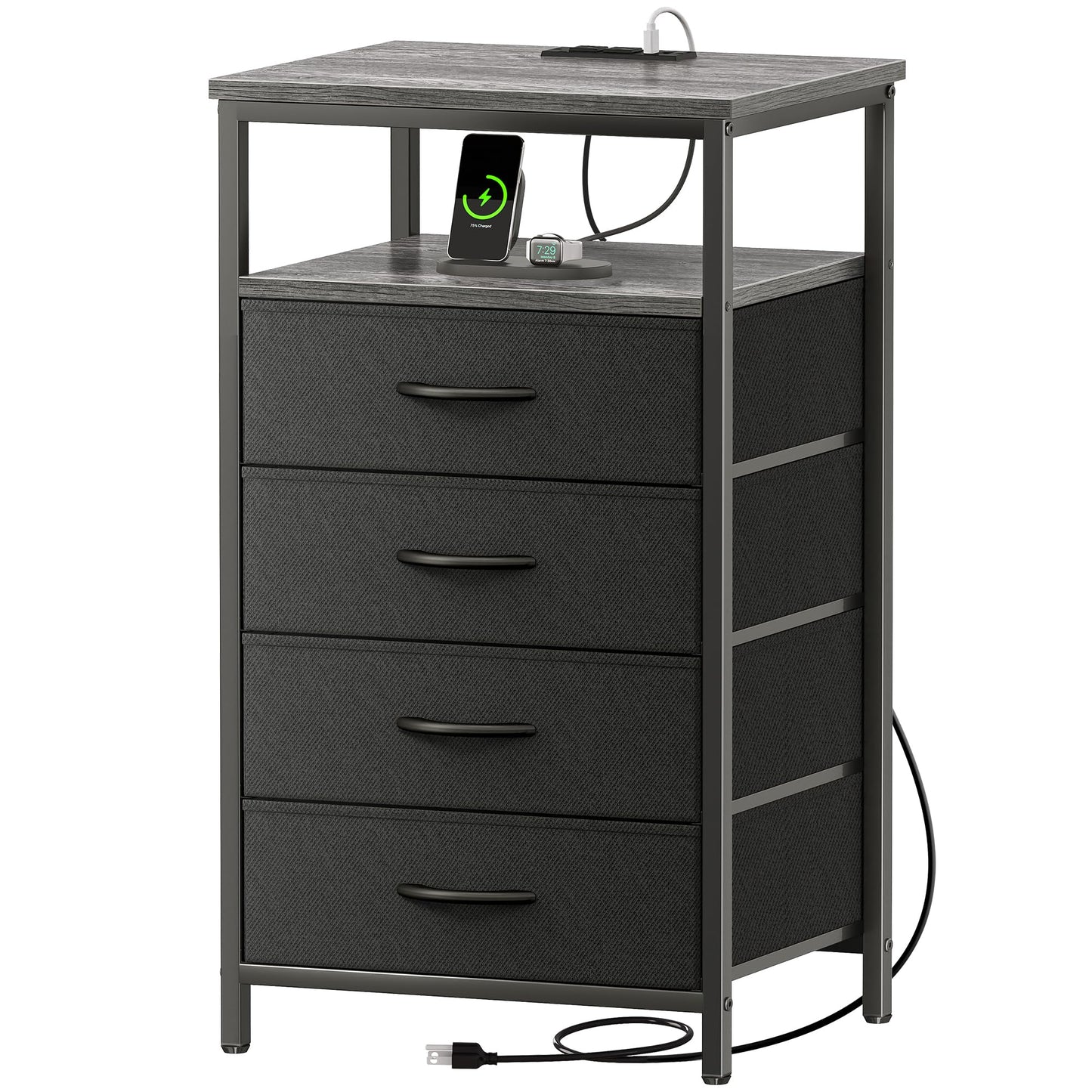 Huuger Nightstand with Charging Station, Side Table with Fabric Drawers, End Table with Open Shelf, Bedside Table with USB Ports and Outlets, Night Stand for Bedroom, Rustic Brown and Black