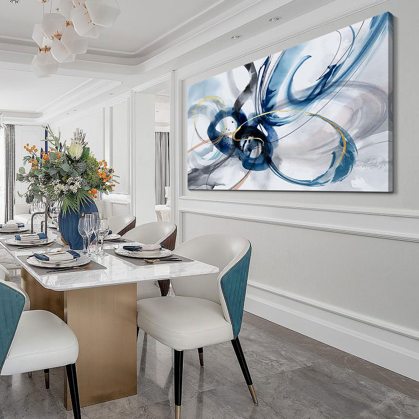 yiijeah Wall Art for Living Room - Framed Picture Artwork for Walls - Blue Wall Art 24x48 Inches Contemporary Abstract Wall Art Prints Canvas Painting Large Size Wall Art for Bedroom Office