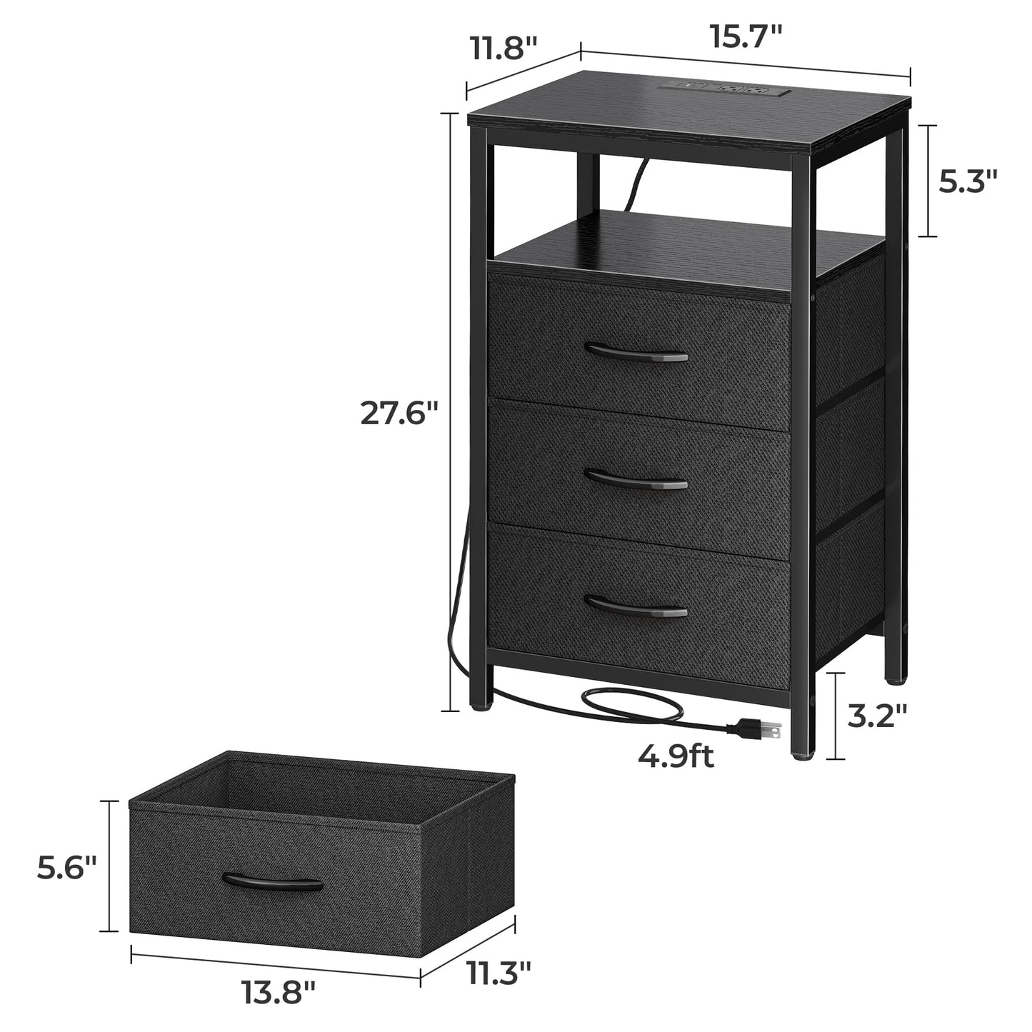 Huuger Nightstand with Charging Station, Side Table with Fabric Drawers, End Table with Open Shelf, Bedside Table with USB Ports and Outlets, Night Stand for Bedroom, Rustic Brown and Black