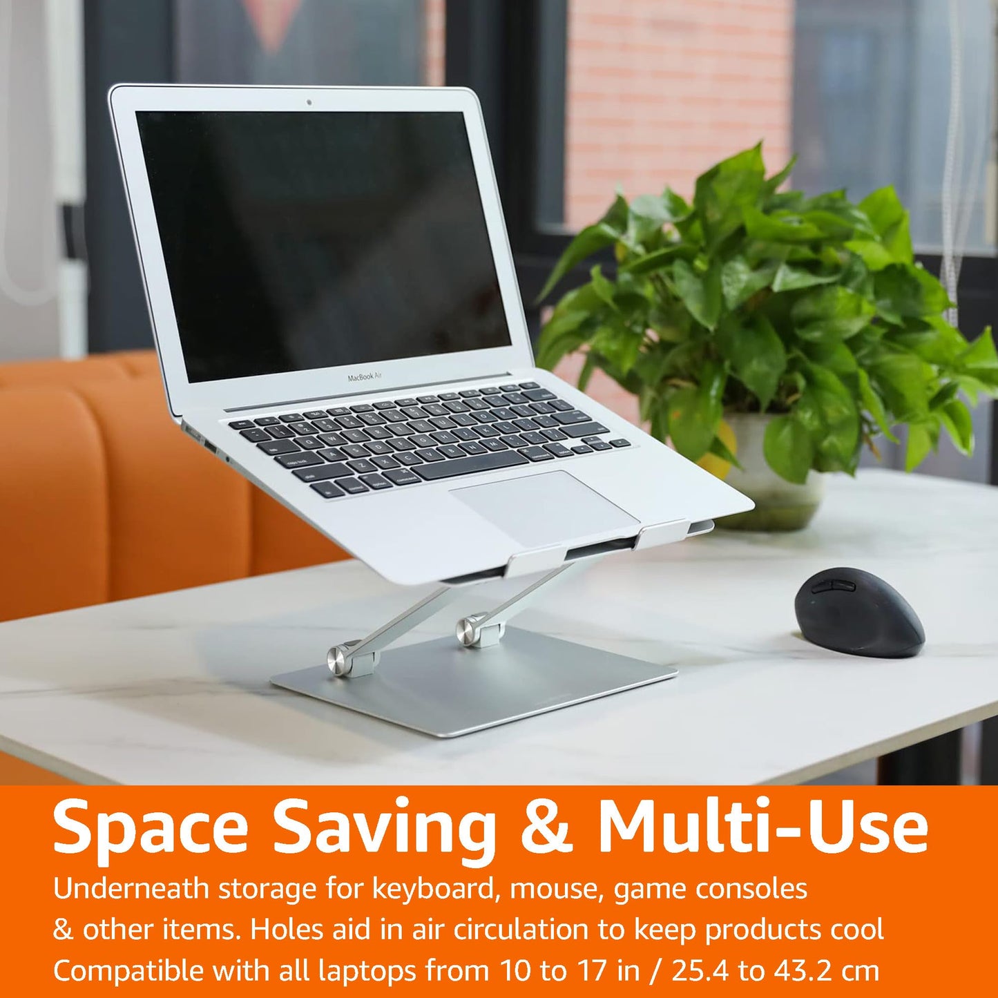 Amazon Basics Ergonomic and Foldable Laptop Stand for Desk, Adjustable Riser, Fits all Laptops and Notebooks up to 17.3 Inch, 10 x 8.7 x 6 in, Silver