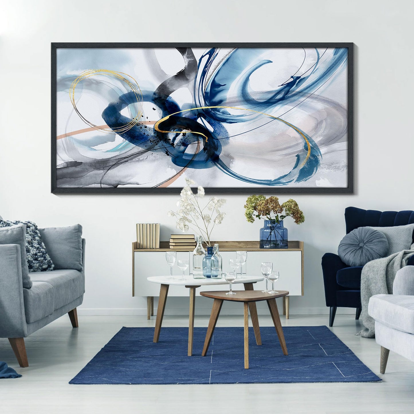 yiijeah Wall Art for Living Room - Framed Picture Artwork for Walls - Blue Wall Art 24x48 Inches Contemporary Abstract Wall Art Prints Canvas Painting Large Size Wall Art for Bedroom Office