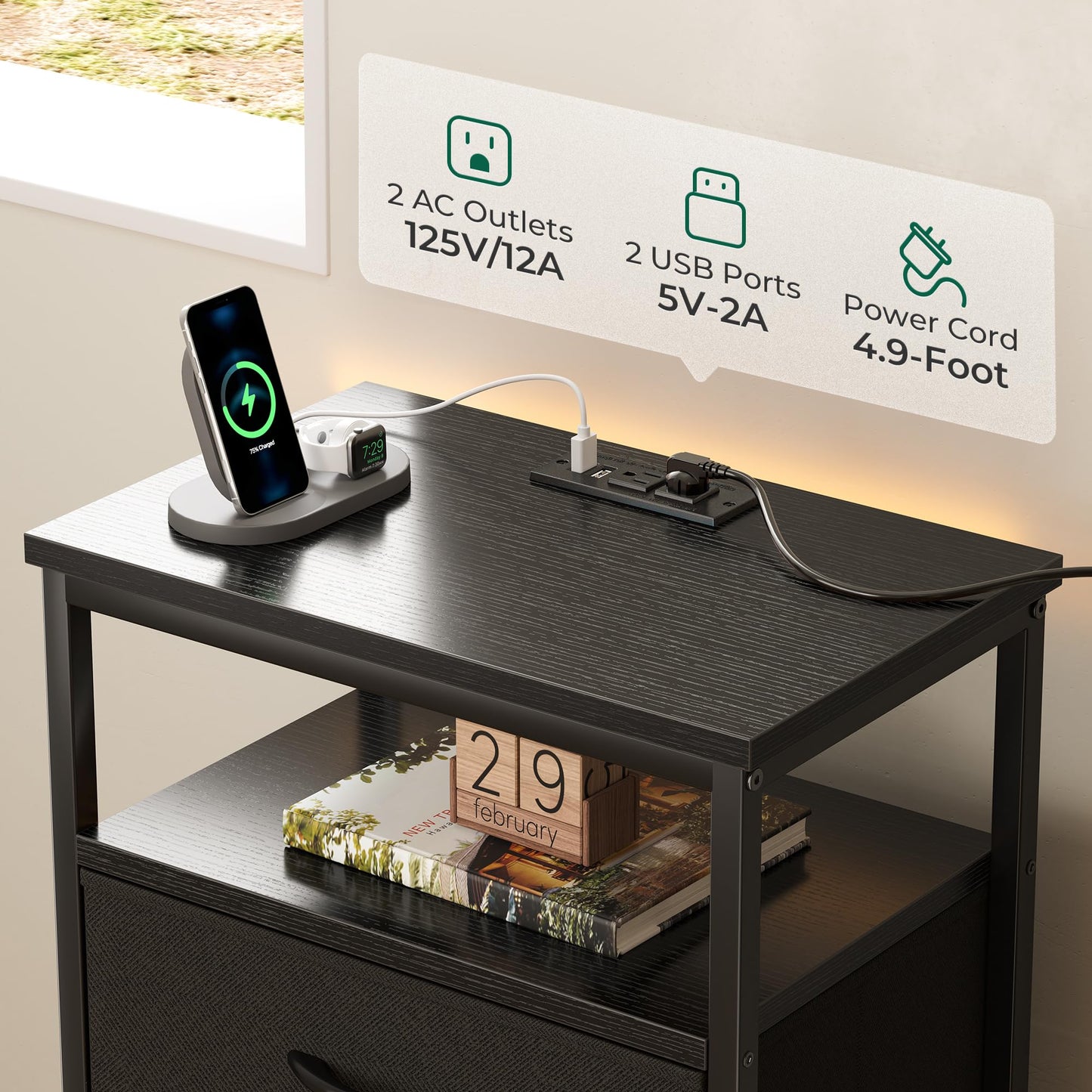 Huuger Nightstand with Charging Station, Side Table with Fabric Drawers, End Table with Open Shelf, Bedside Table with USB Ports and Outlets, Night Stand for Bedroom, Rustic Brown and Black