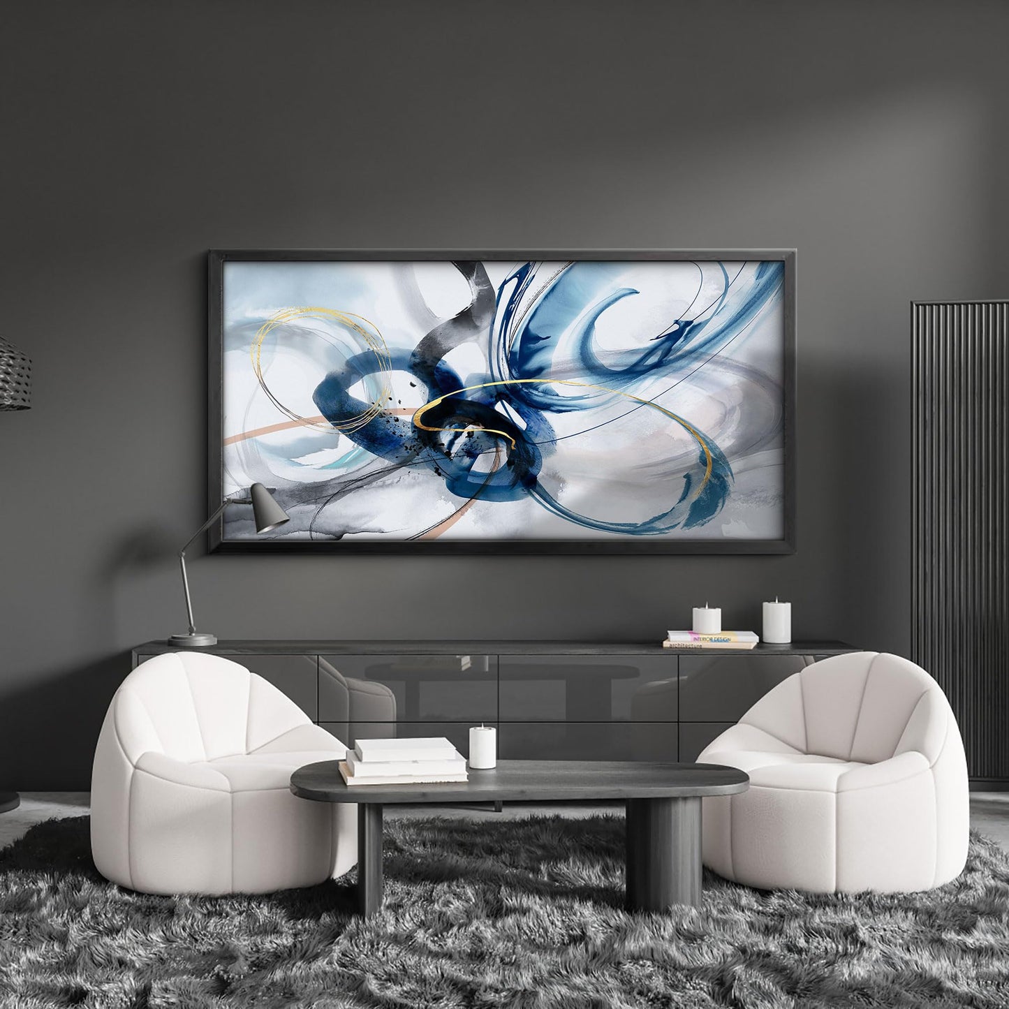 yiijeah Wall Art for Living Room - Framed Picture Artwork for Walls - Blue Wall Art 24x48 Inches Contemporary Abstract Wall Art Prints Canvas Painting Large Size Wall Art for Bedroom Office