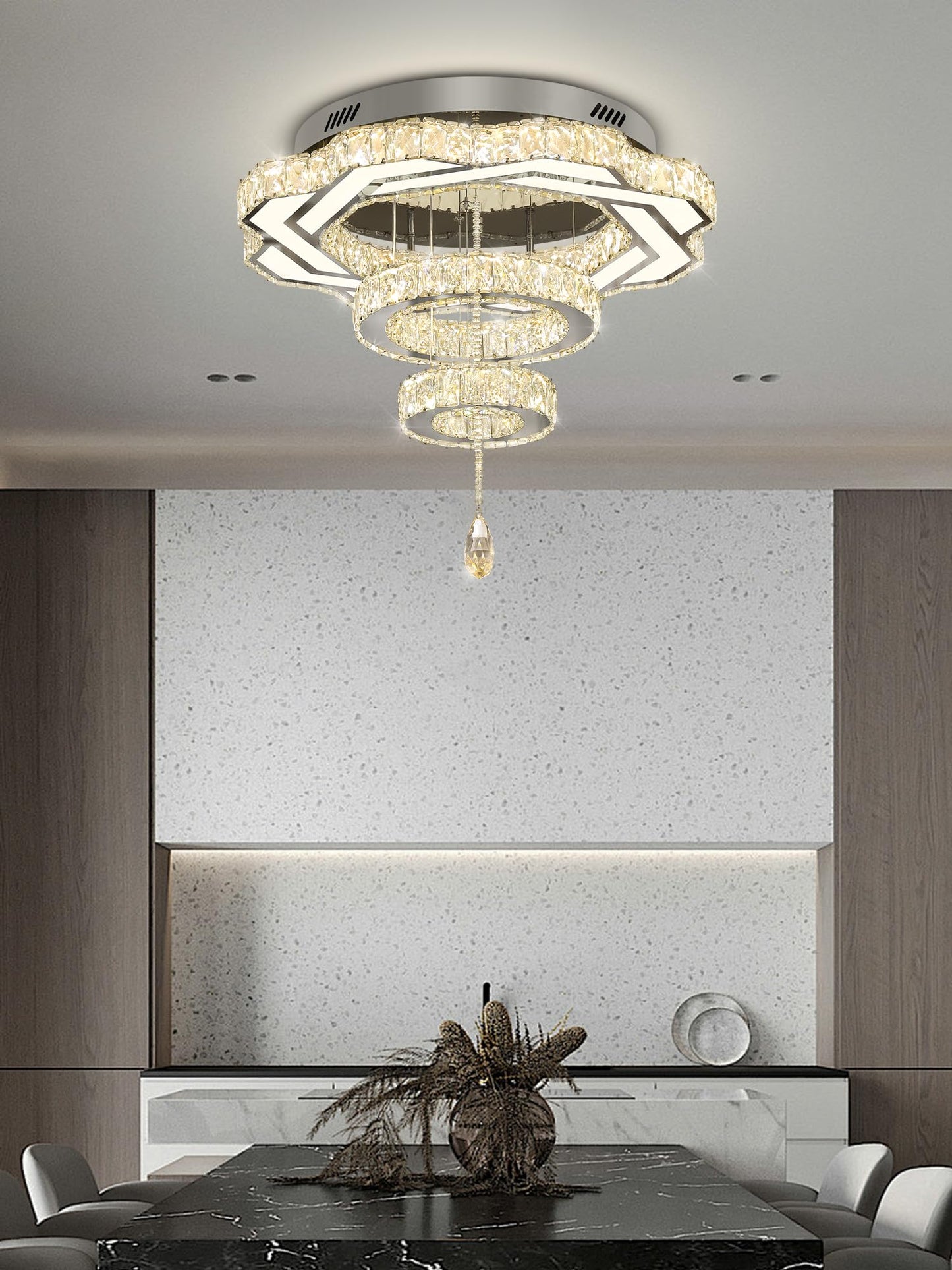 Flashing God Crystal Chandeliers Dia 32" Silver Elegant Chandelier Flush Mount Ceiling Light for Bedroom Living Room Dining Room Hallway Dimmable 3 Rings LED Celing Lighting Fixtures