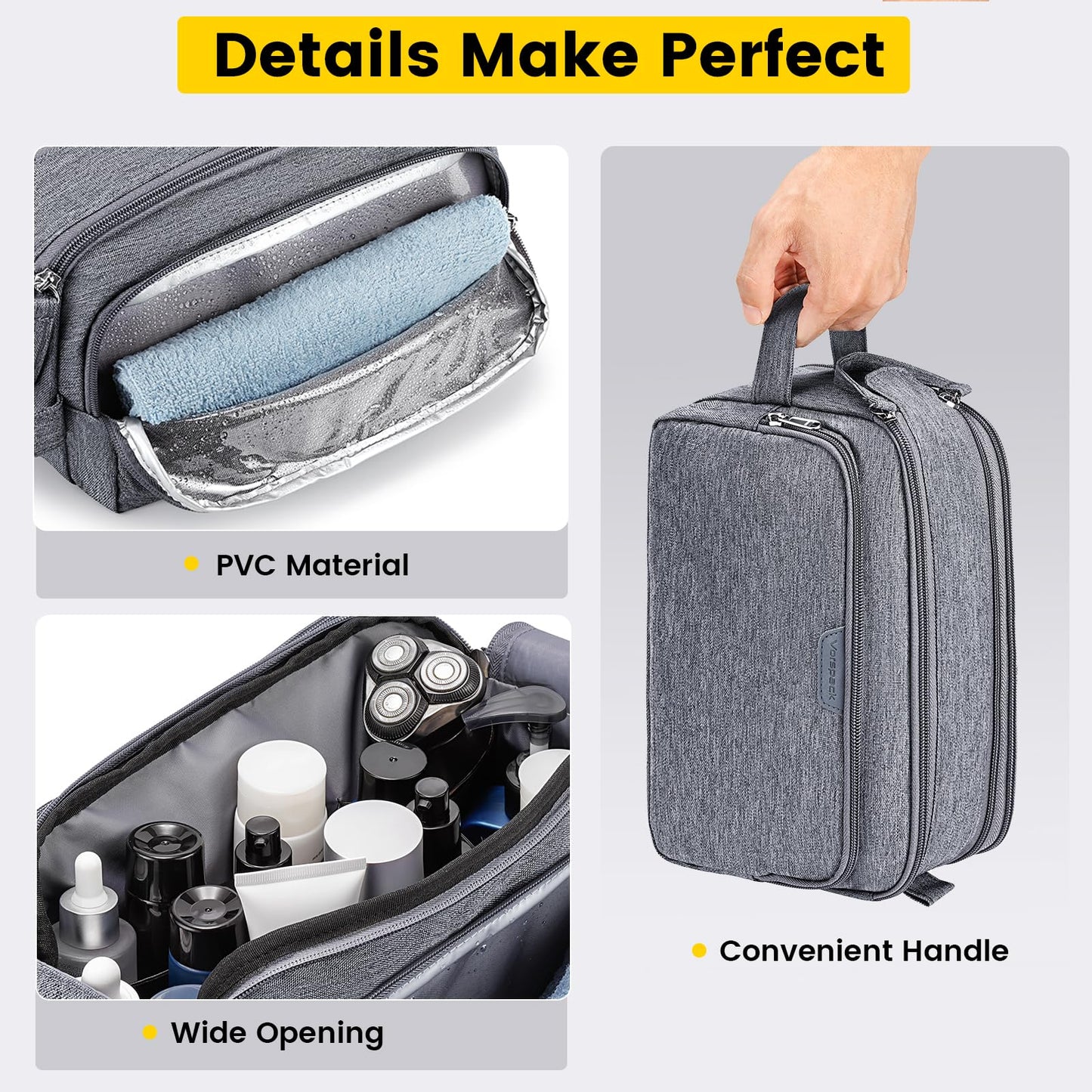 Vorspack Travel Toiletry Bag for Men - Water Resistant Mens Toiletry Travel Bag Dopp Kit Shaving Bag for Bathroom Toiletries Gifts - Grey