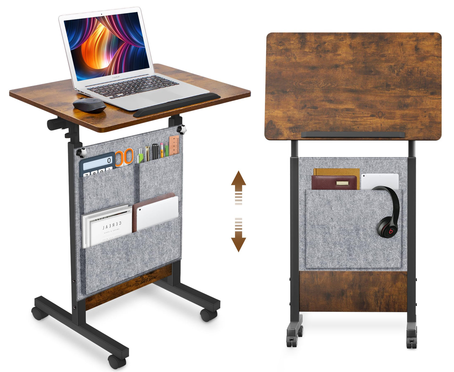 KOUPA Height Adjustable Mobile Standing Desk 16×24 in,360° Flip Desk Stand Desk Home Office Table Standing Desk for Small Space Offices,Easy to Assemble(Rustic Brown Desktop)