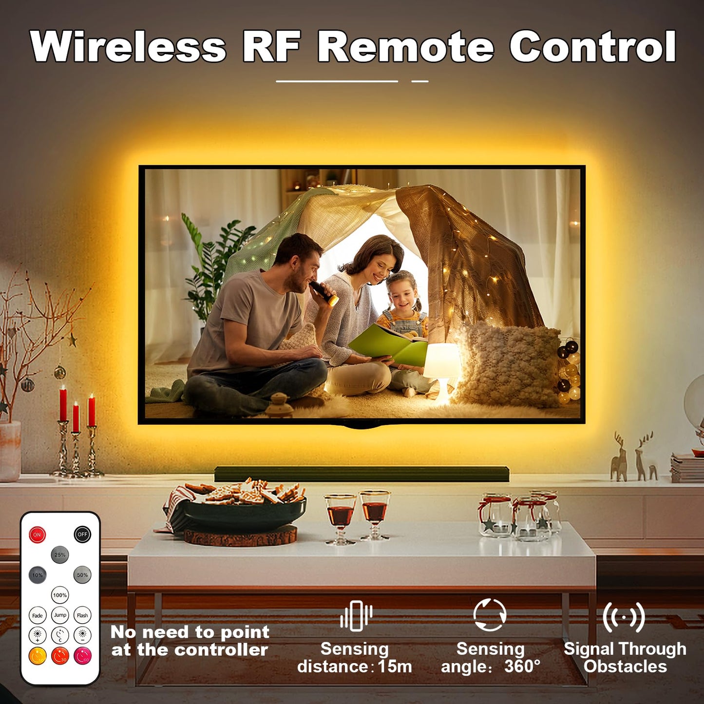 White COB Led Strip Lights Max with RF Remote, 16.4ft 3000K Dimmable Ultra Bright Warm White COB Light Strip, Adhesive Indoor COB Led Lights for Living Room, Shelf, Cabinet