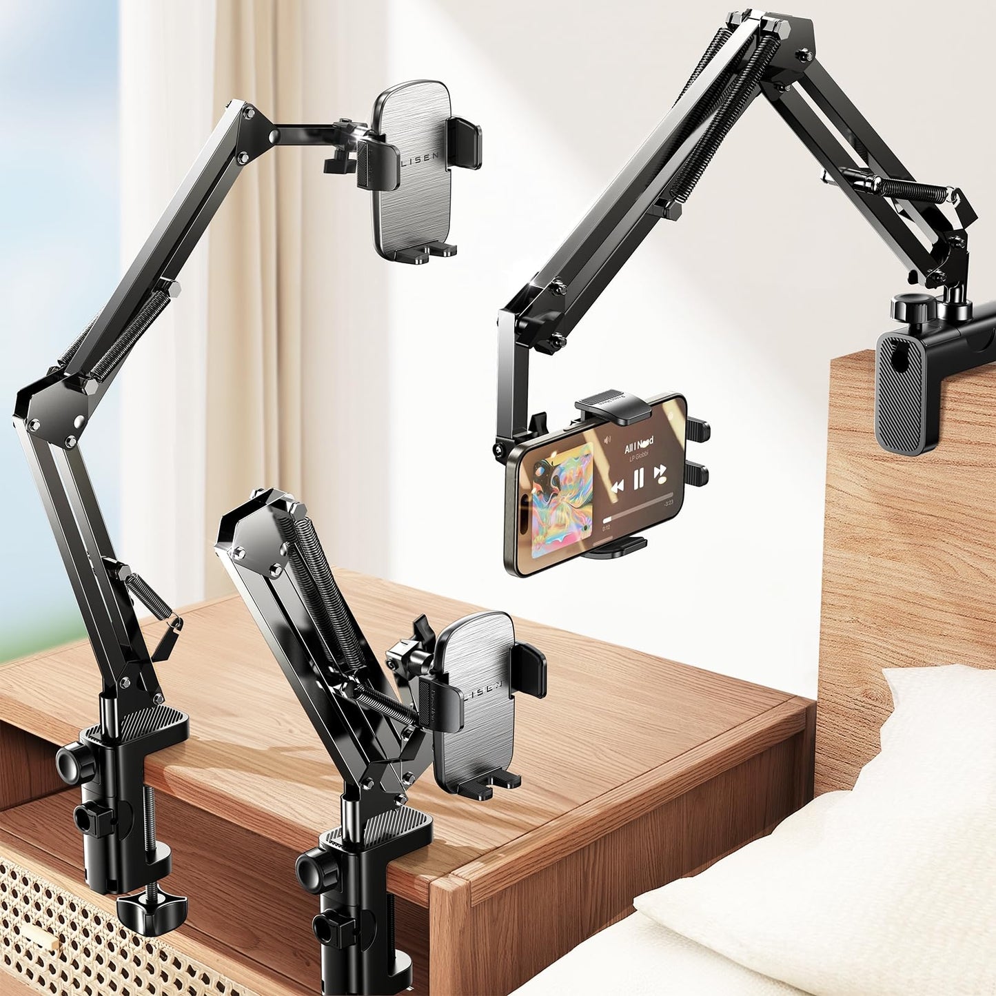 LISEN for Gooseneck Phone Holder for Bed Desk [3rd Upgrade] Cell Phone Stand for Desk Bed iPhone Holder Laying Down Bed Accessories,Flexible Arm Clamp Clip Phone Mount Stand for Filming Fits iPhone 16