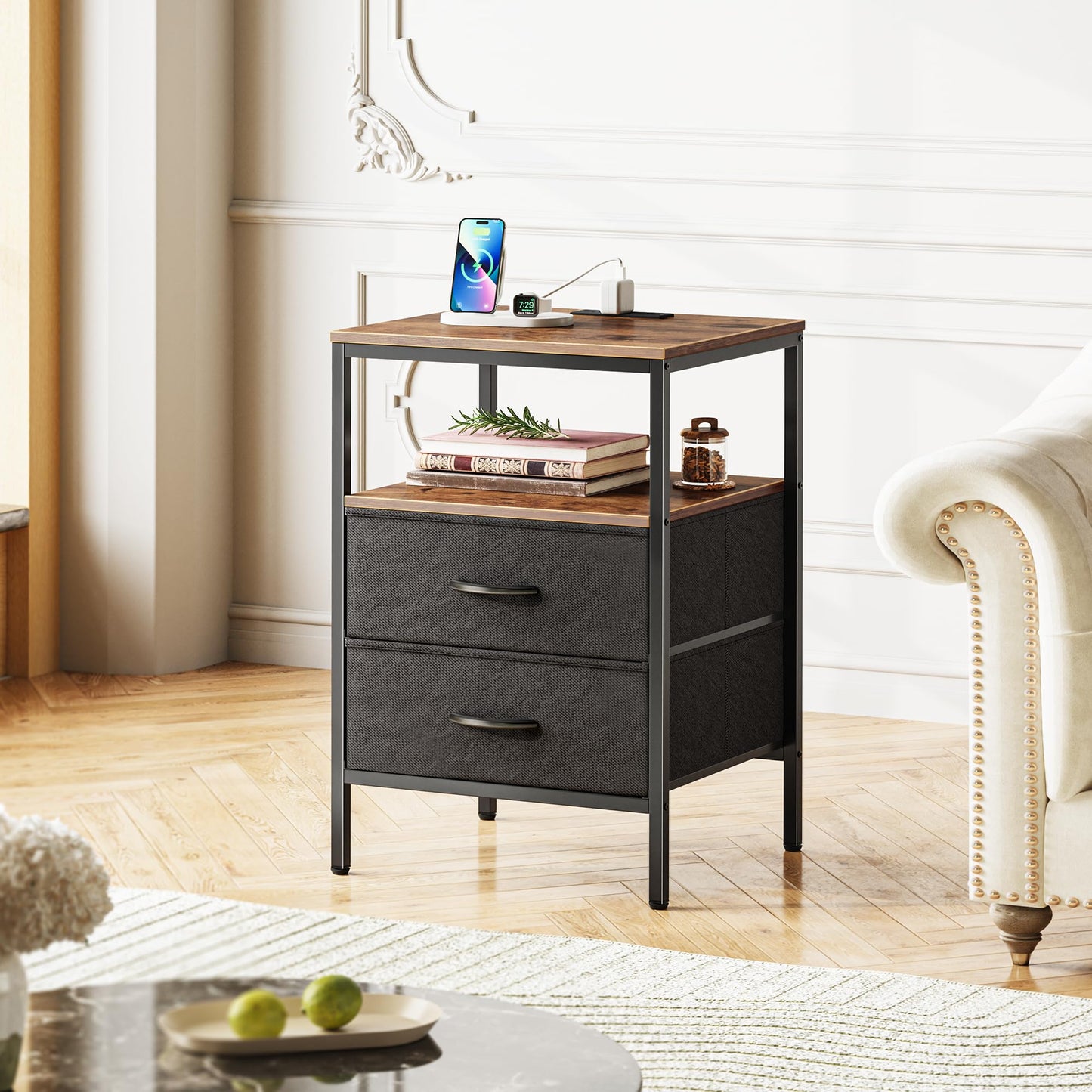 Huuger Nightstand with Charging Station, Side Table with Fabric Drawers, End Table with Open Shelf, Bedside Table with USB Ports and Outlets, Night Stand for Bedroom, Rustic Brown and Black