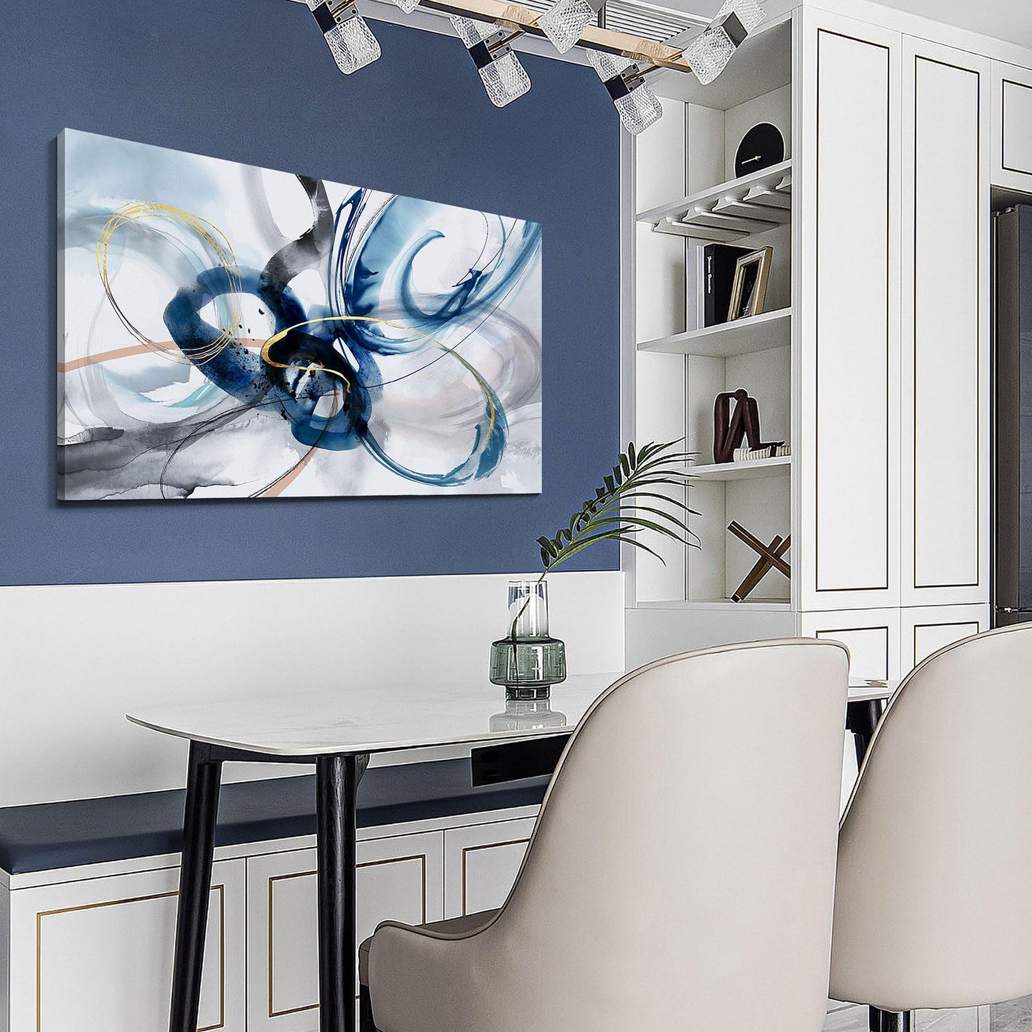 yiijeah Wall Art for Living Room - Framed Picture Artwork for Walls - Blue Wall Art 24x48 Inches Contemporary Abstract Wall Art Prints Canvas Painting Large Size Wall Art for Bedroom Office