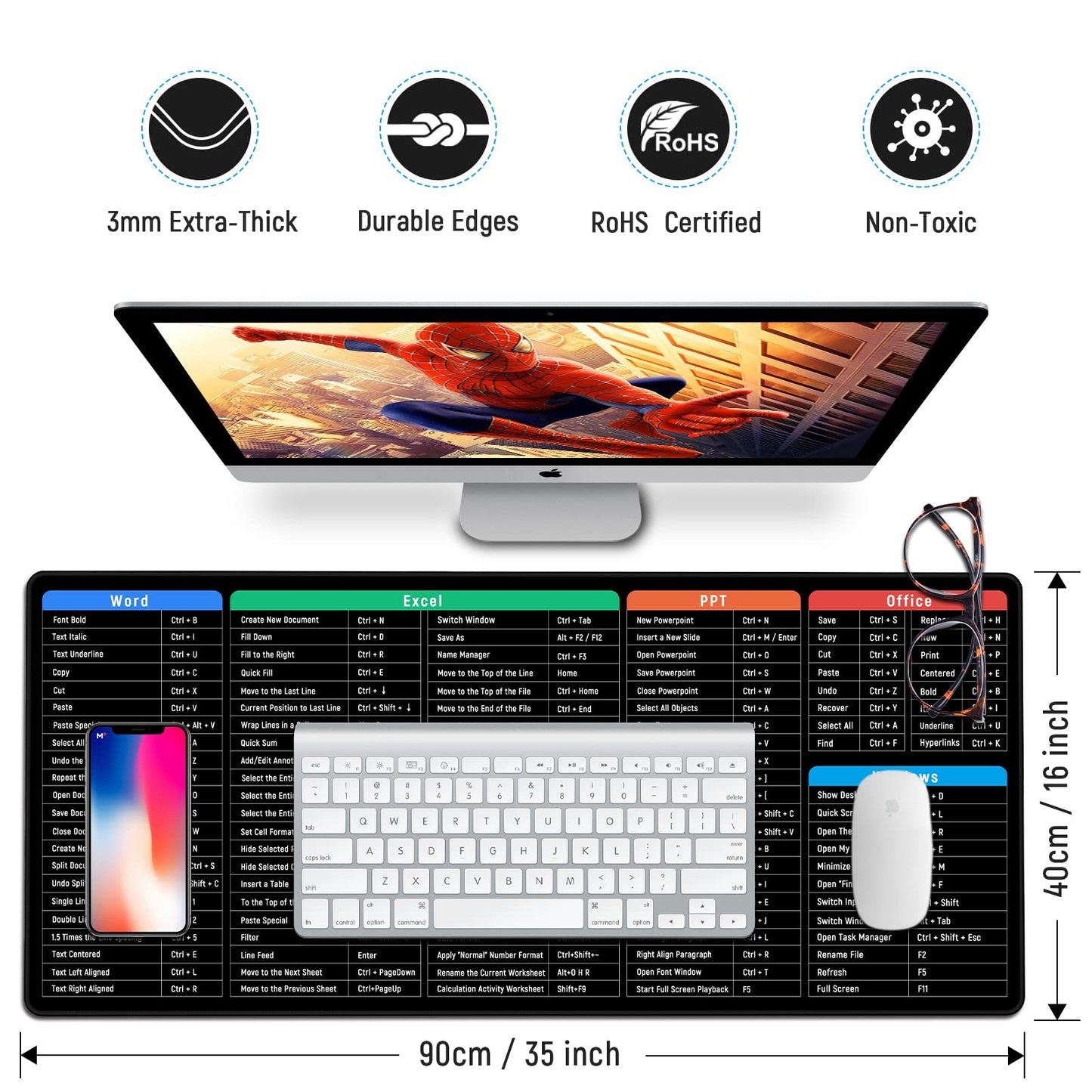JIALONG Mouse Pad Large Gaming Desk Mat Extended Mousepad with Personalized Design Keyboard Pad for Laptop, Computer and PC - 35.4 x 15.7 inches Black World Map
