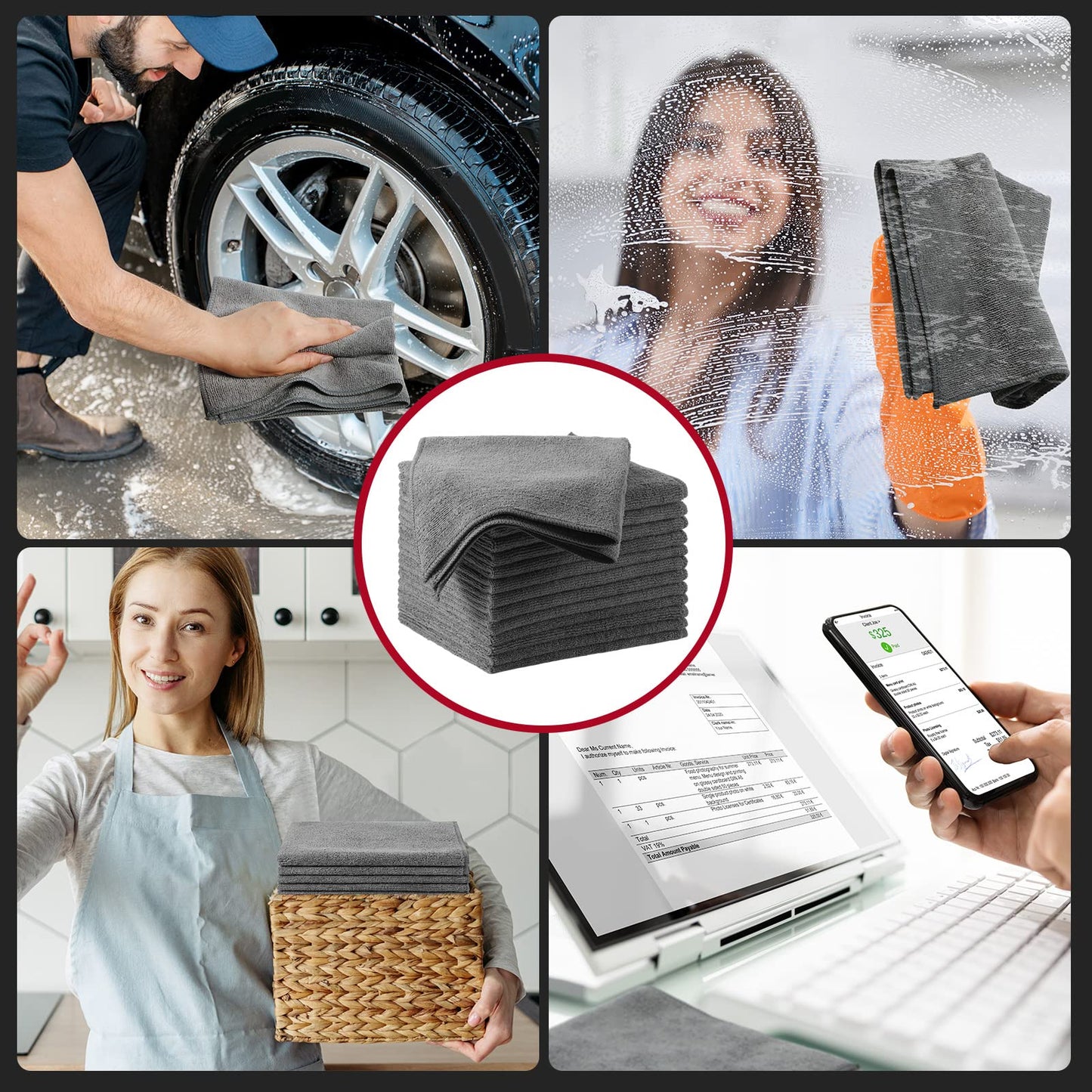 Oudain 200Pcs 16x16 Inch Microfiber Cleaning Cloth Towels for Car, Highly Absorbent Cleaning Rag Washable Reusable Multi-Purpose Wiper Cloths for Wash Car Home Pet Drying Dusting (Gray)