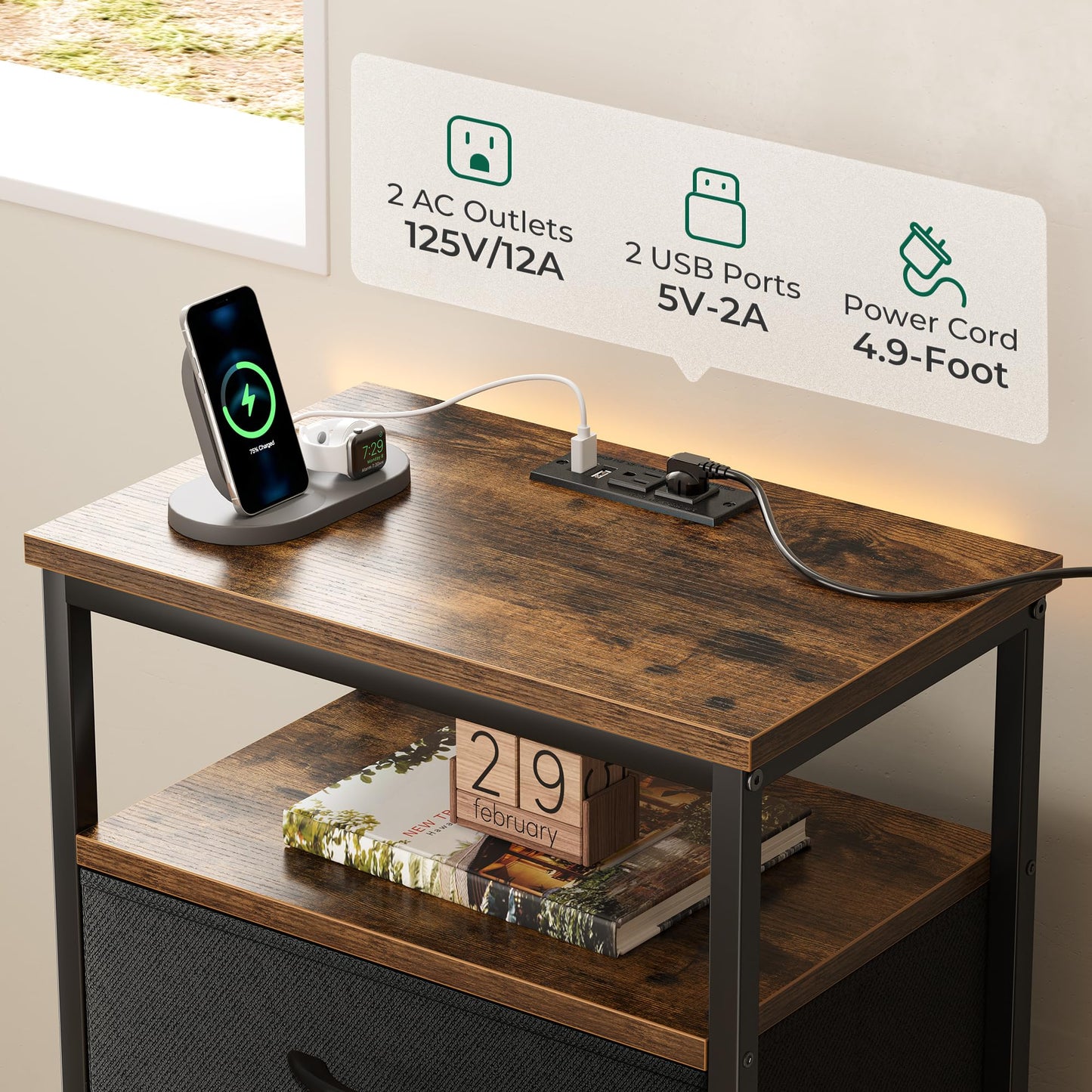 Huuger Nightstand with Charging Station, Side Table with Fabric Drawers, End Table with Open Shelf, Bedside Table with USB Ports and Outlets, Night Stand for Bedroom, Rustic Brown and Black