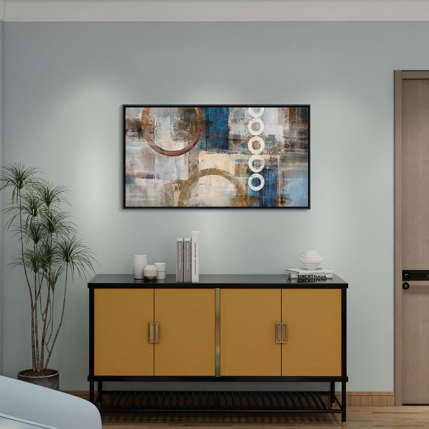 yiijeah Wall Art for Living Room - Framed Picture Artwork for Walls - Blue Wall Art 24x48 Inches Contemporary Abstract Wall Art Prints Canvas Painting Large Size Wall Art for Bedroom Office