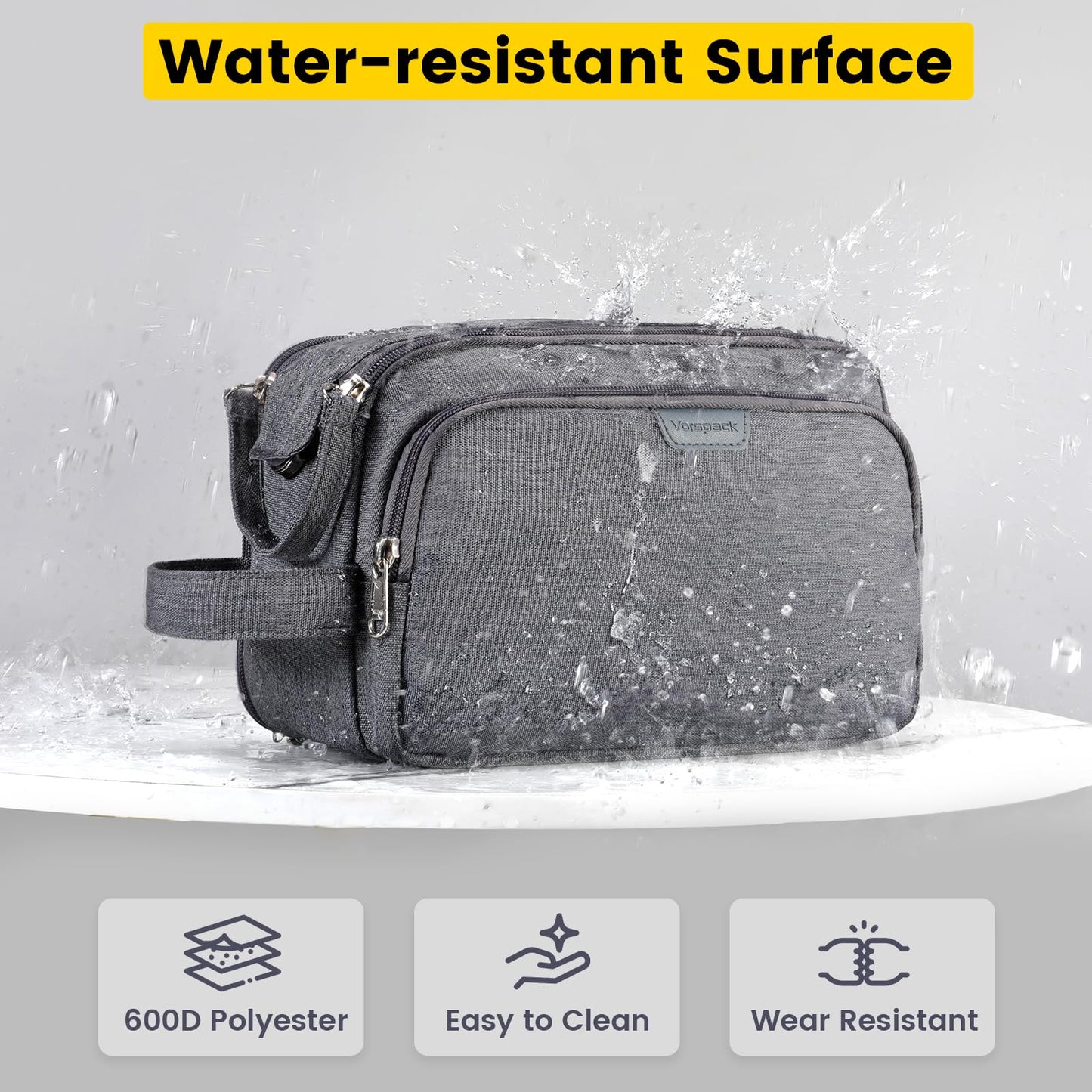 Vorspack Travel Toiletry Bag for Men - Water Resistant Mens Toiletry Travel Bag Dopp Kit Shaving Bag for Bathroom Toiletries Gifts - Grey
