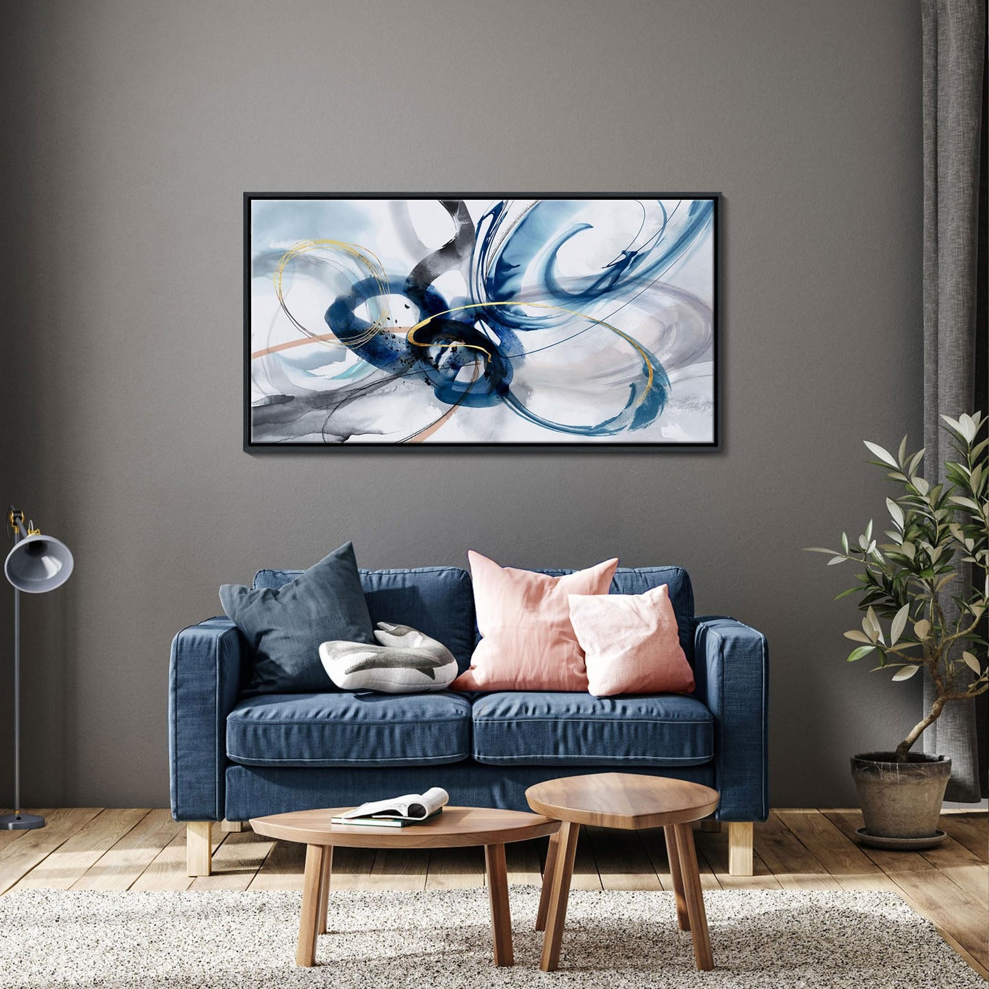 yiijeah Wall Art for Living Room - Framed Picture Artwork for Walls - Blue Wall Art 24x48 Inches Contemporary Abstract Wall Art Prints Canvas Painting Large Size Wall Art for Bedroom Office