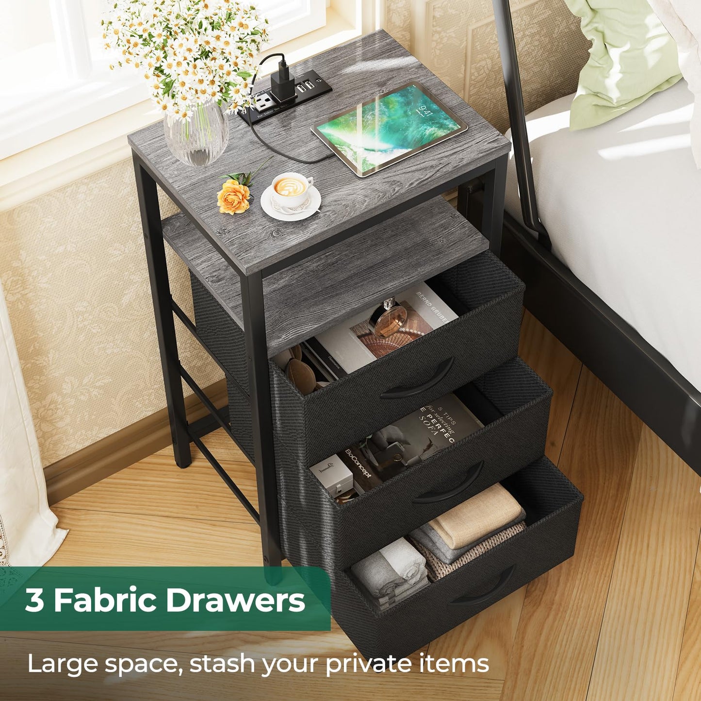 Huuger Nightstand with Charging Station, Side Table with Fabric Drawers, End Table with Open Shelf, Bedside Table with USB Ports and Outlets, Night Stand for Bedroom, Rustic Brown and Black