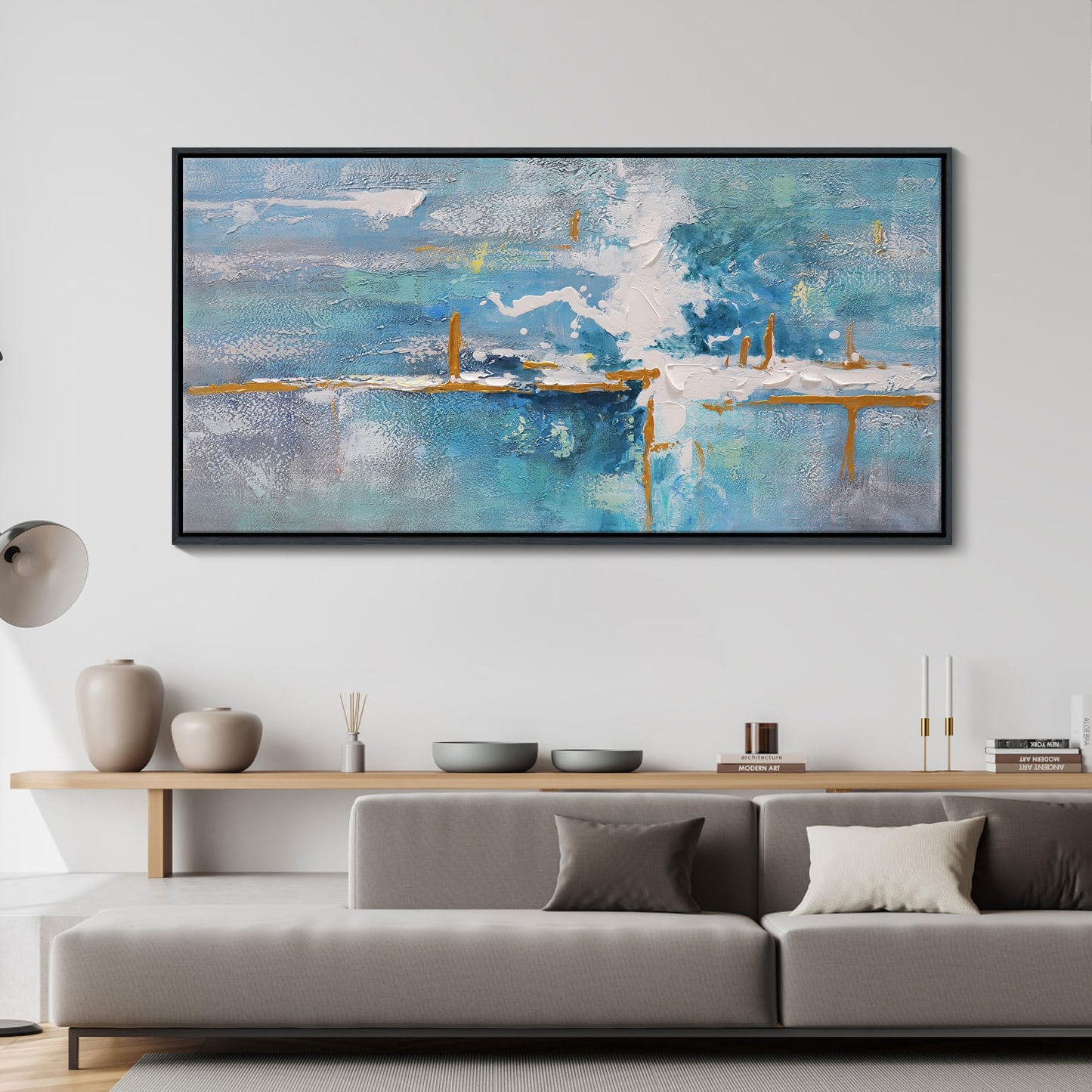 yiijeah Wall Art for Living Room - Framed Picture Artwork for Walls - Blue Wall Art 24x48 Inches Contemporary Abstract Wall Art Prints Canvas Painting Large Size Wall Art for Bedroom Office