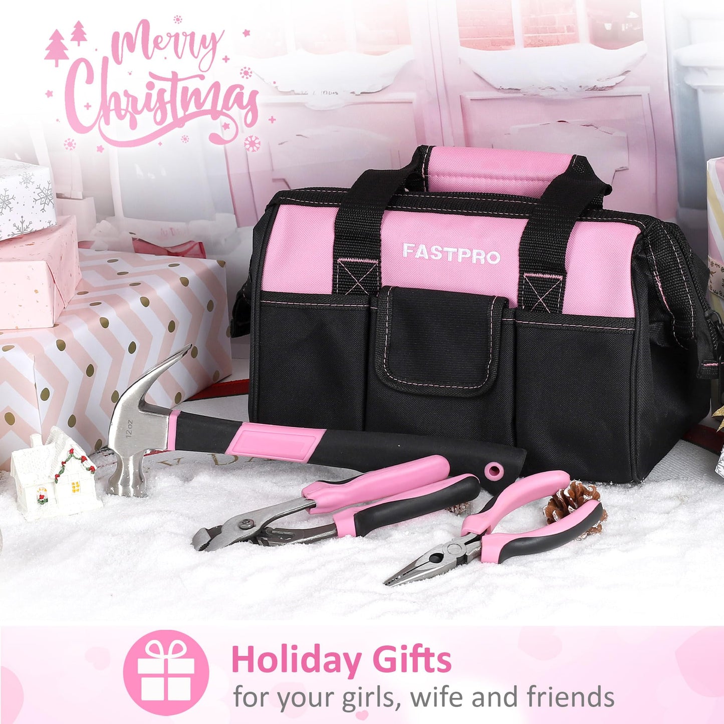 FASTPRO 220-Piece Home Tool Set, Household Repairing Tool Kit, with 12-Inch Wide Mouth Open Storage Tool Bag, Green