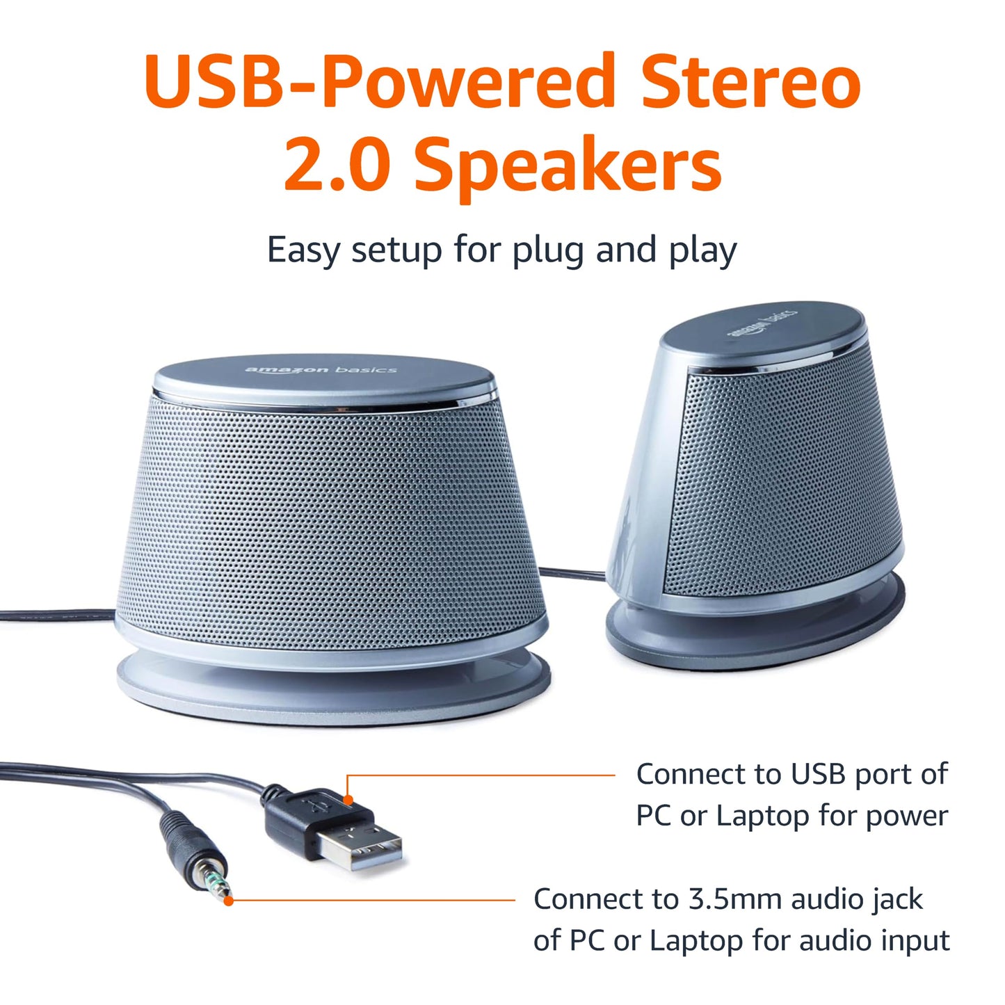 Amazon Basics Stereo 2.0 Speakers for PC or Laptop, 3.5mm Aux input, USB-Powered, 1 Pair, Black