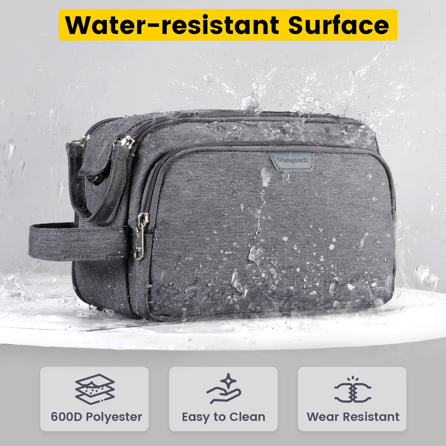 Vorspack Travel Toiletry Bag for Men - Water Resistant Mens Toiletry Travel Bag Dopp Kit Shaving Bag for Bathroom Toiletries Gifts - Grey