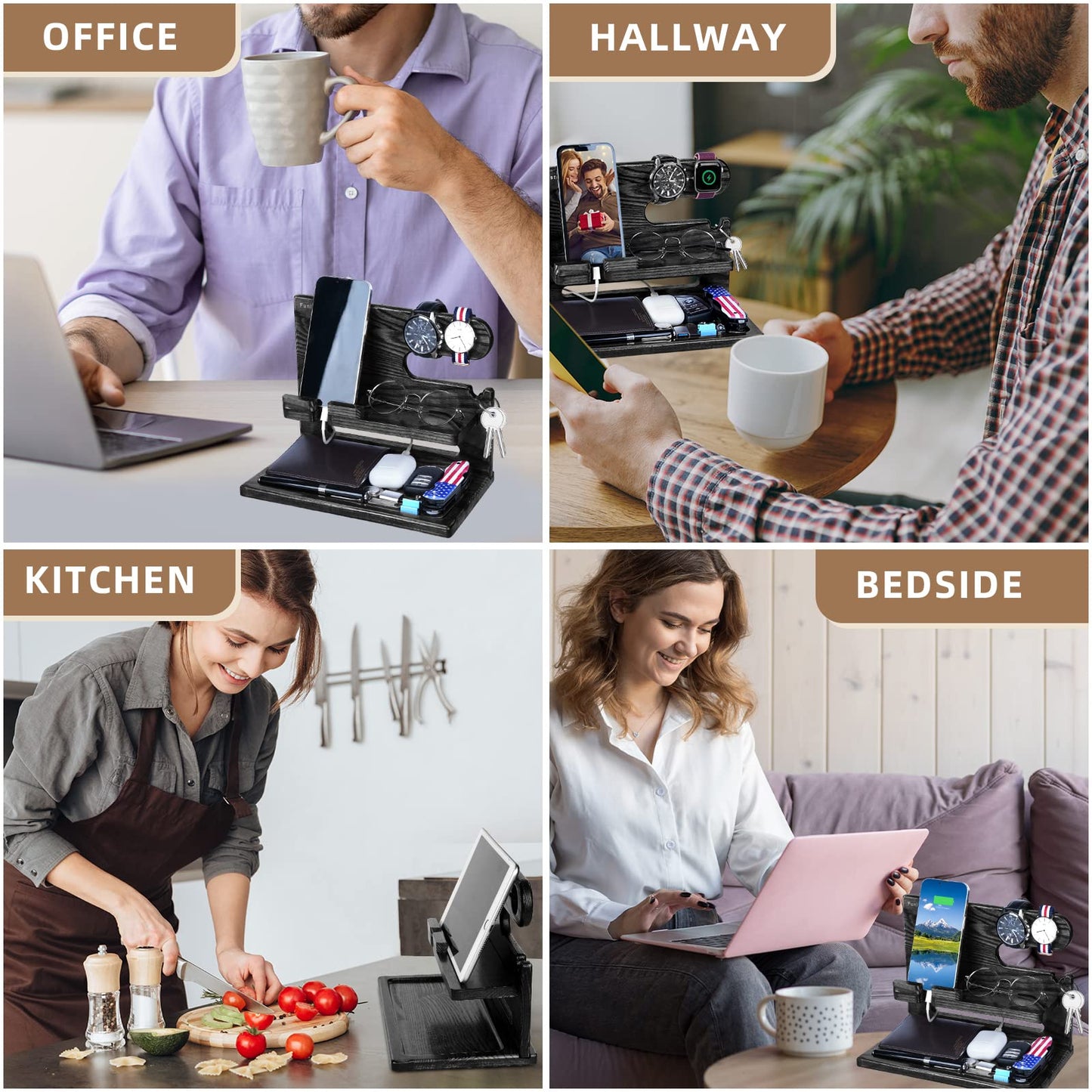 Gifts for Men Dad from Daughter Son Christmas, Wood Phone Docking Station with Drawer, Husband Birthday Gifts Him Boyfriend from Wife Anniversary Nightstand Organizer Xmas Stocking Stuffers