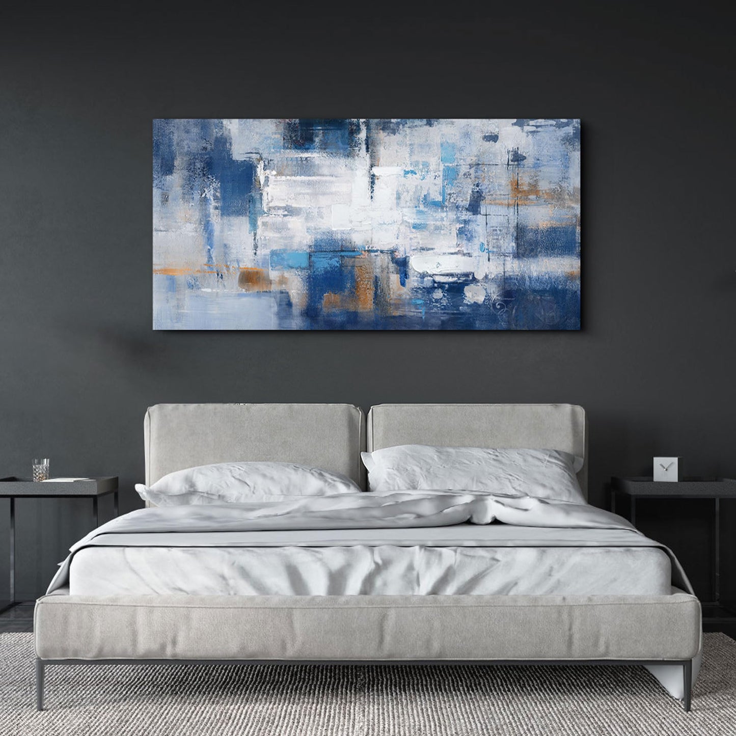 yiijeah Wall Art for Living Room - Framed Picture Artwork for Walls - Blue Wall Art 24x48 Inches Contemporary Abstract Wall Art Prints Canvas Painting Large Size Wall Art for Bedroom Office