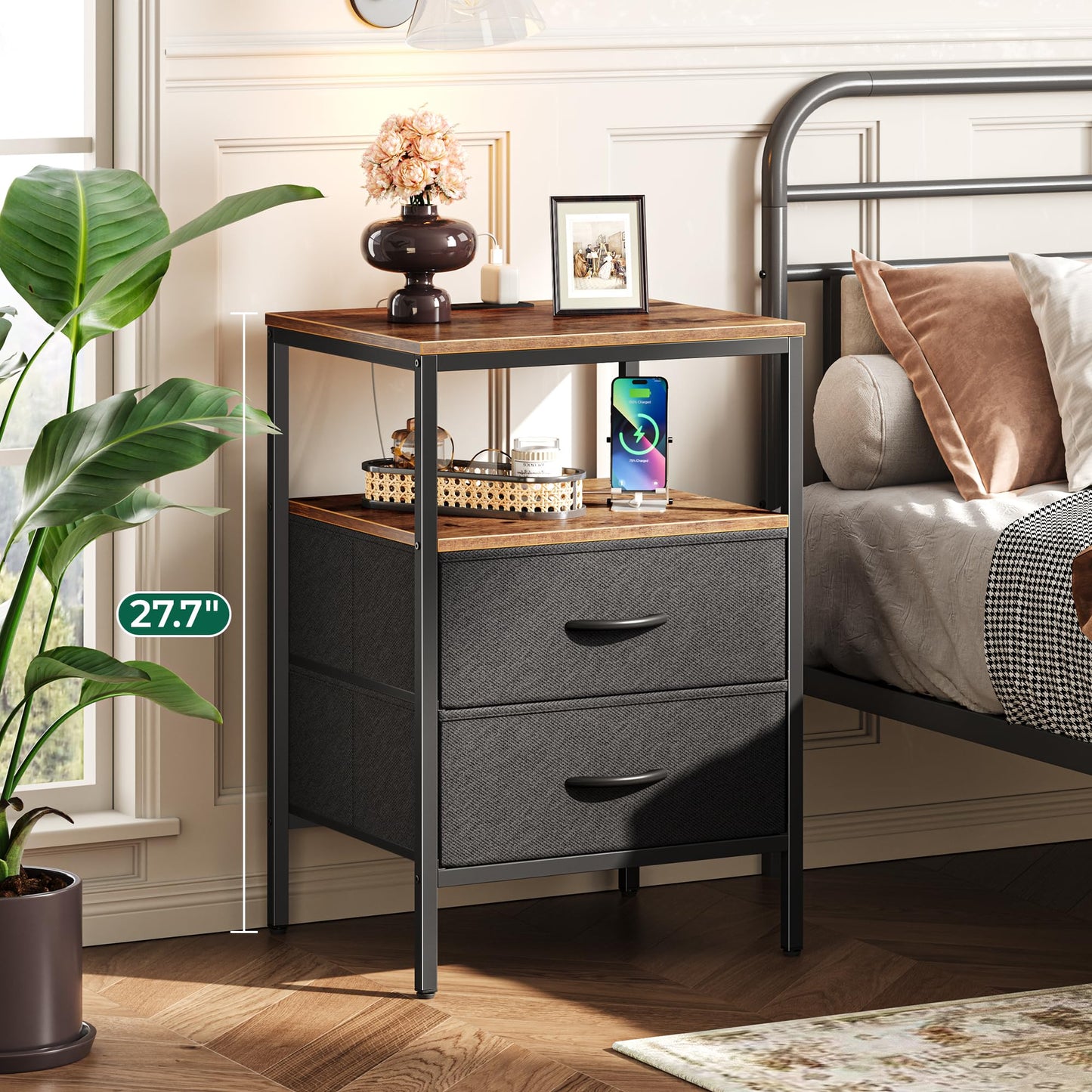 Huuger Nightstand with Charging Station, Side Table with Fabric Drawers, End Table with Open Shelf, Bedside Table with USB Ports and Outlets, Night Stand for Bedroom, Rustic Brown and Black