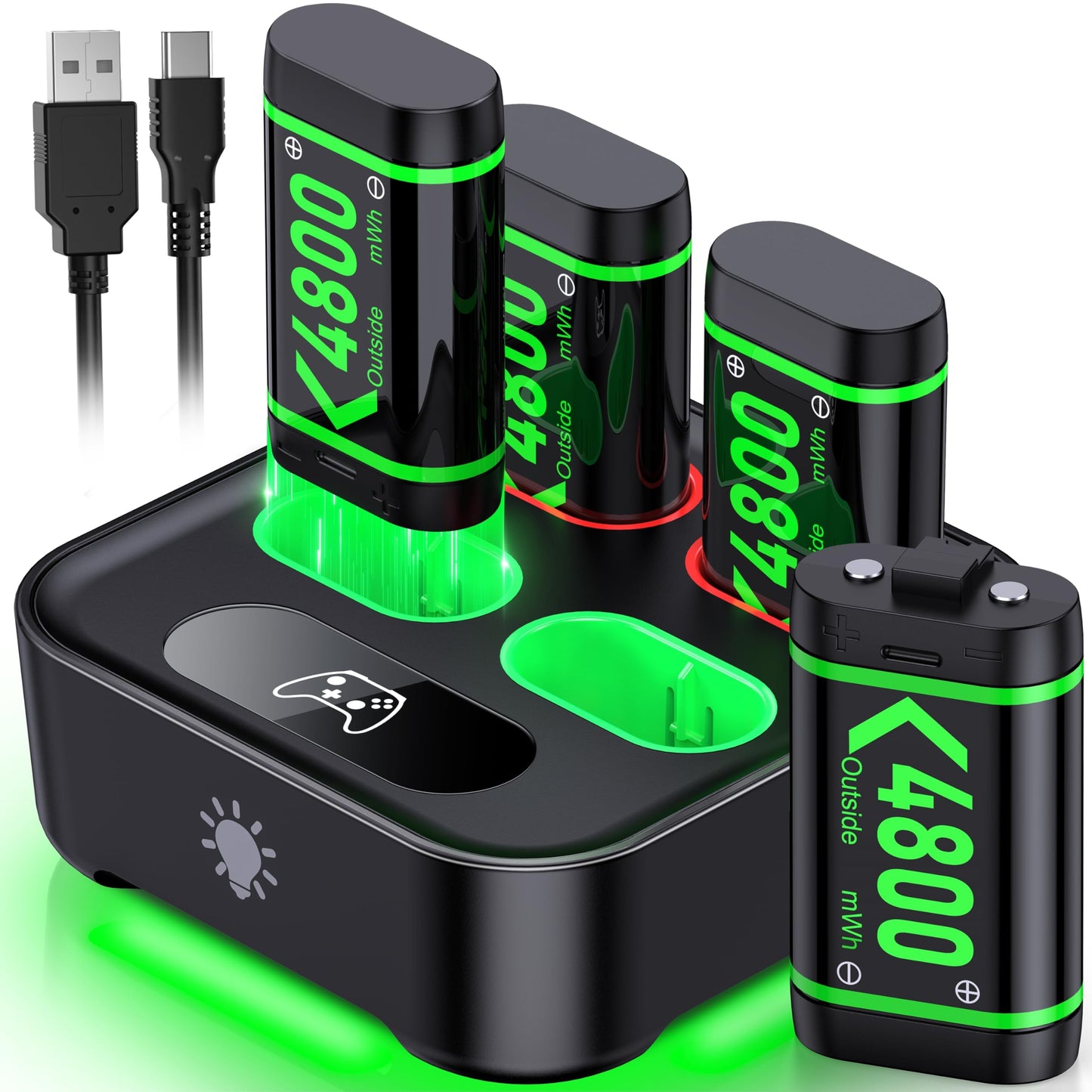 Upgraded Fast Charging Rechargeable Battery Packs with Light Control, 4 x 3600mWh Xbox Controller Batteries with Battery Charging Dock/Station for Xbox One/Xbox Series X|S, Xbox One S/X/Elite(1500mAh)