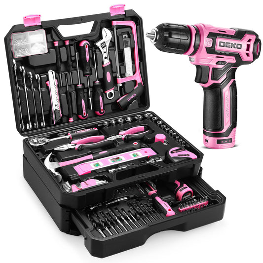 Pink Tool Kit Box Drill Set：DEKOPRO Home Mechanic Toolbox with 12V Power Cordless Drill Hand Repair Tools Sets Combo Kits Storage Organizer Drawer Case for Men & Women