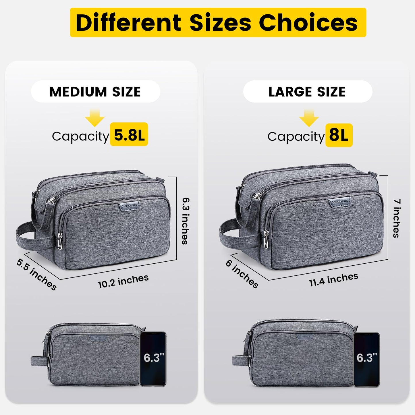 Vorspack Travel Toiletry Bag for Men - Water Resistant Mens Toiletry Travel Bag Dopp Kit Shaving Bag for Bathroom Toiletries Gifts - Grey