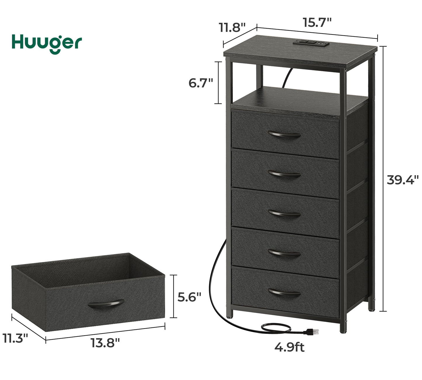 Huuger Nightstand with Charging Station, Side Table with Fabric Drawers, End Table with Open Shelf, Bedside Table with USB Ports and Outlets, Night Stand for Bedroom, Rustic Brown and Black