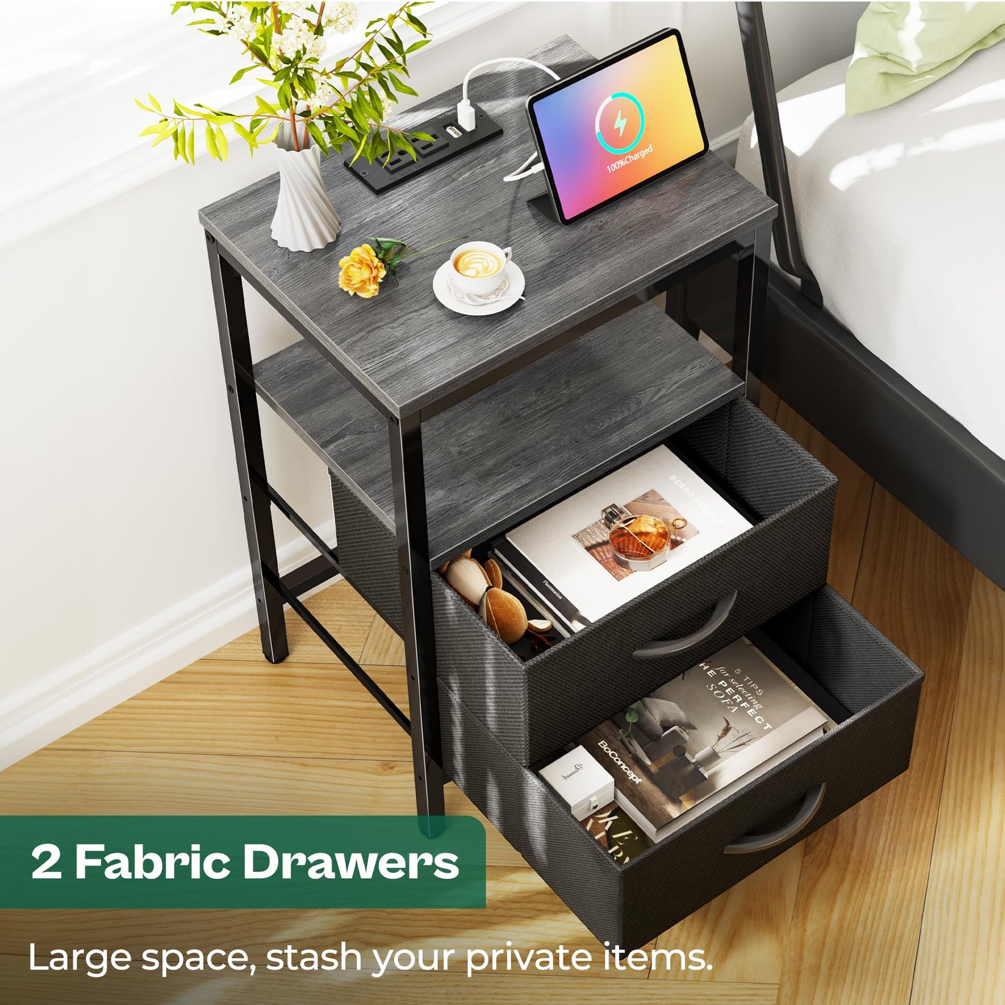 Huuger Nightstand with Charging Station, Side Table with Fabric Drawers, End Table with Open Shelf, Bedside Table with USB Ports and Outlets, Night Stand for Bedroom, Rustic Brown and Black