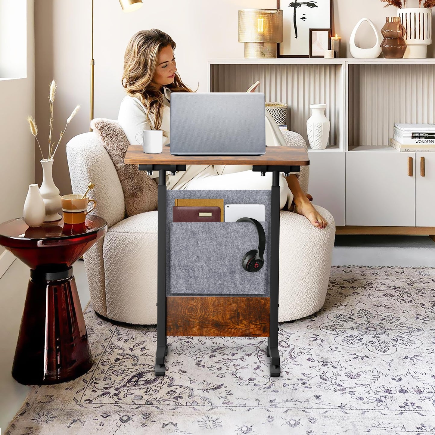KOUPA Height Adjustable Mobile Standing Desk 16×24 in,360° Flip Desk Stand Desk Home Office Table Standing Desk for Small Space Offices,Easy to Assemble(Rustic Brown Desktop)