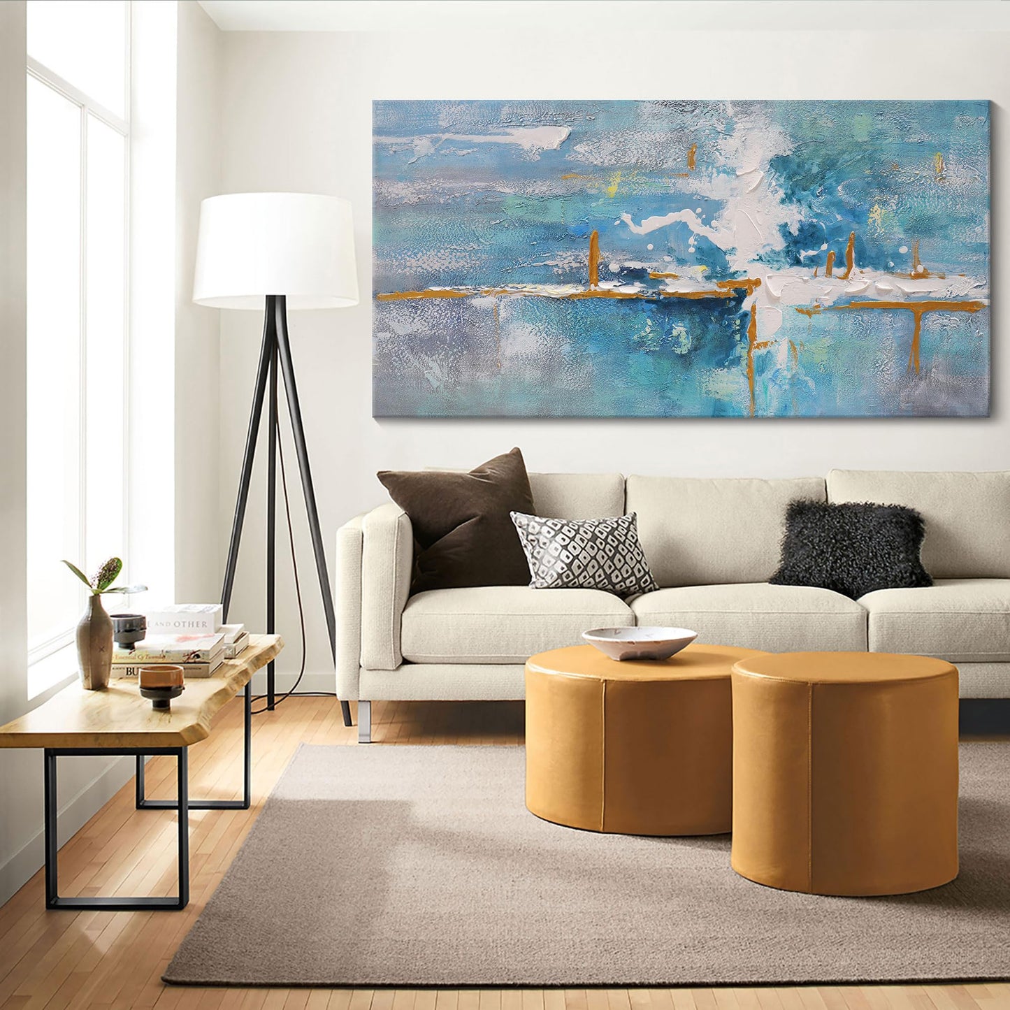 yiijeah Wall Art for Living Room - Framed Picture Artwork for Walls - Blue Wall Art 24x48 Inches Contemporary Abstract Wall Art Prints Canvas Painting Large Size Wall Art for Bedroom Office