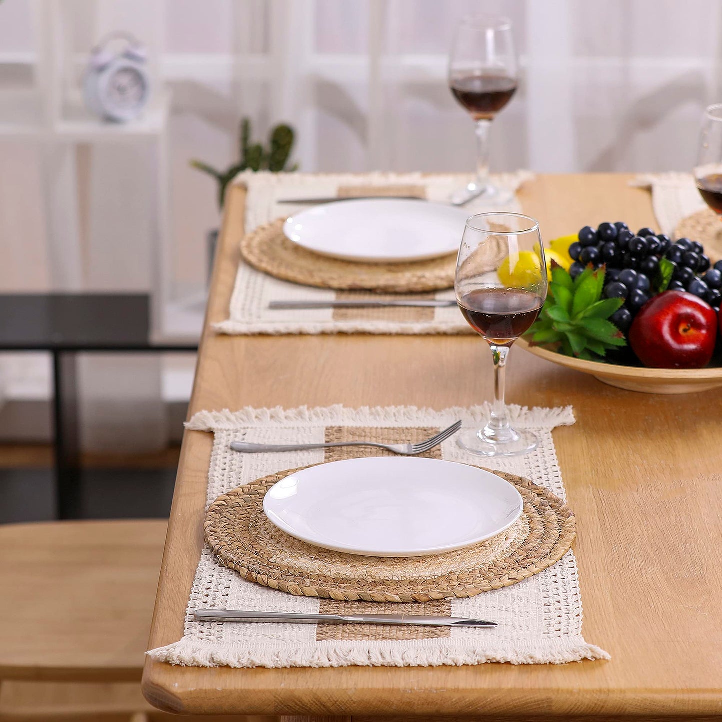 Handmade Boho Placemats Set of 6 - Natural Cotton Burlap and Water Straw Woven Combination Table Mats, Macrame Décor and Farmhouse Style Placemats, for Dining Table Kitchen