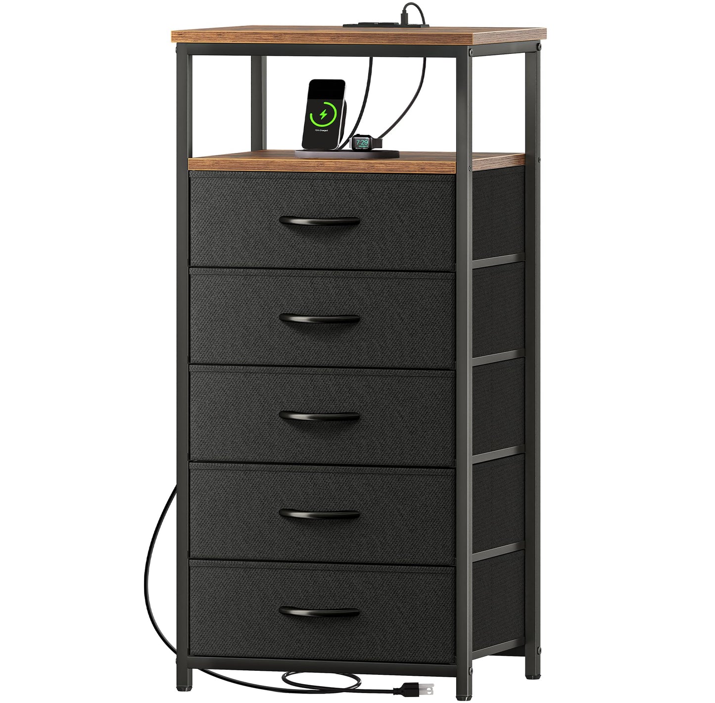 Huuger Nightstand with Charging Station, Side Table with Fabric Drawers, End Table with Open Shelf, Bedside Table with USB Ports and Outlets, Night Stand for Bedroom, Rustic Brown and Black