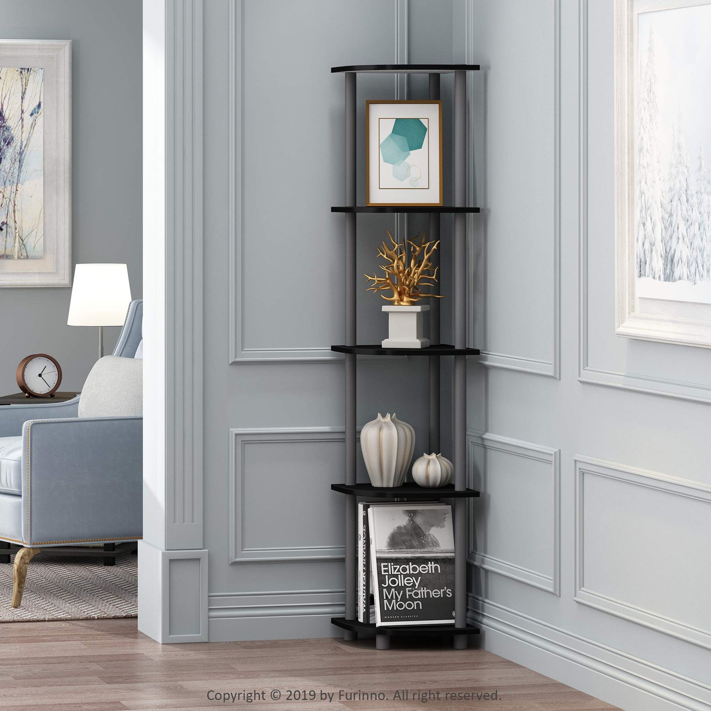 Furinno Turn-N-Tube 5 Tier Corner Display Rack Multipurpose Shelving Unit, 1-Pack, Espresso/Black