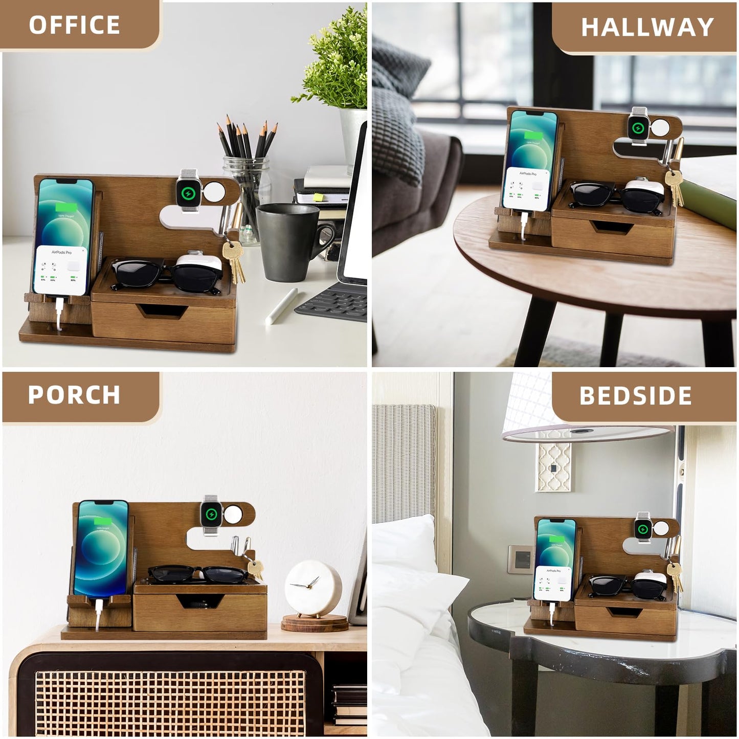 Gifts for Men Dad from Daughter Son Christmas, Wood Phone Docking Station with Drawer, Husband Birthday Gifts Him Boyfriend from Wife Anniversary Nightstand Organizer Xmas Stocking Stuffers