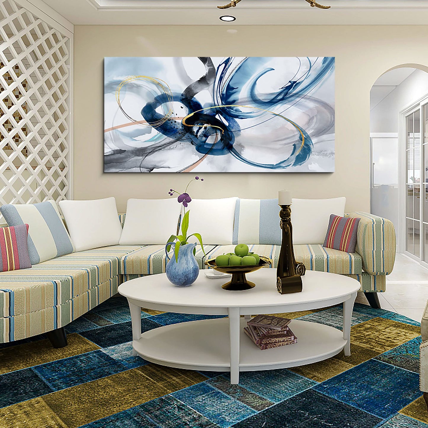 yiijeah Wall Art for Living Room - Framed Picture Artwork for Walls - Blue Wall Art 24x48 Inches Contemporary Abstract Wall Art Prints Canvas Painting Large Size Wall Art for Bedroom Office